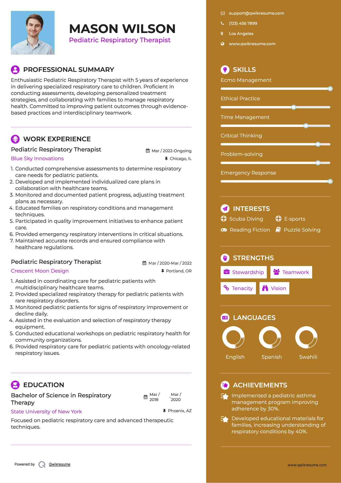 Pediatric Respiratory Therapist Resume Model