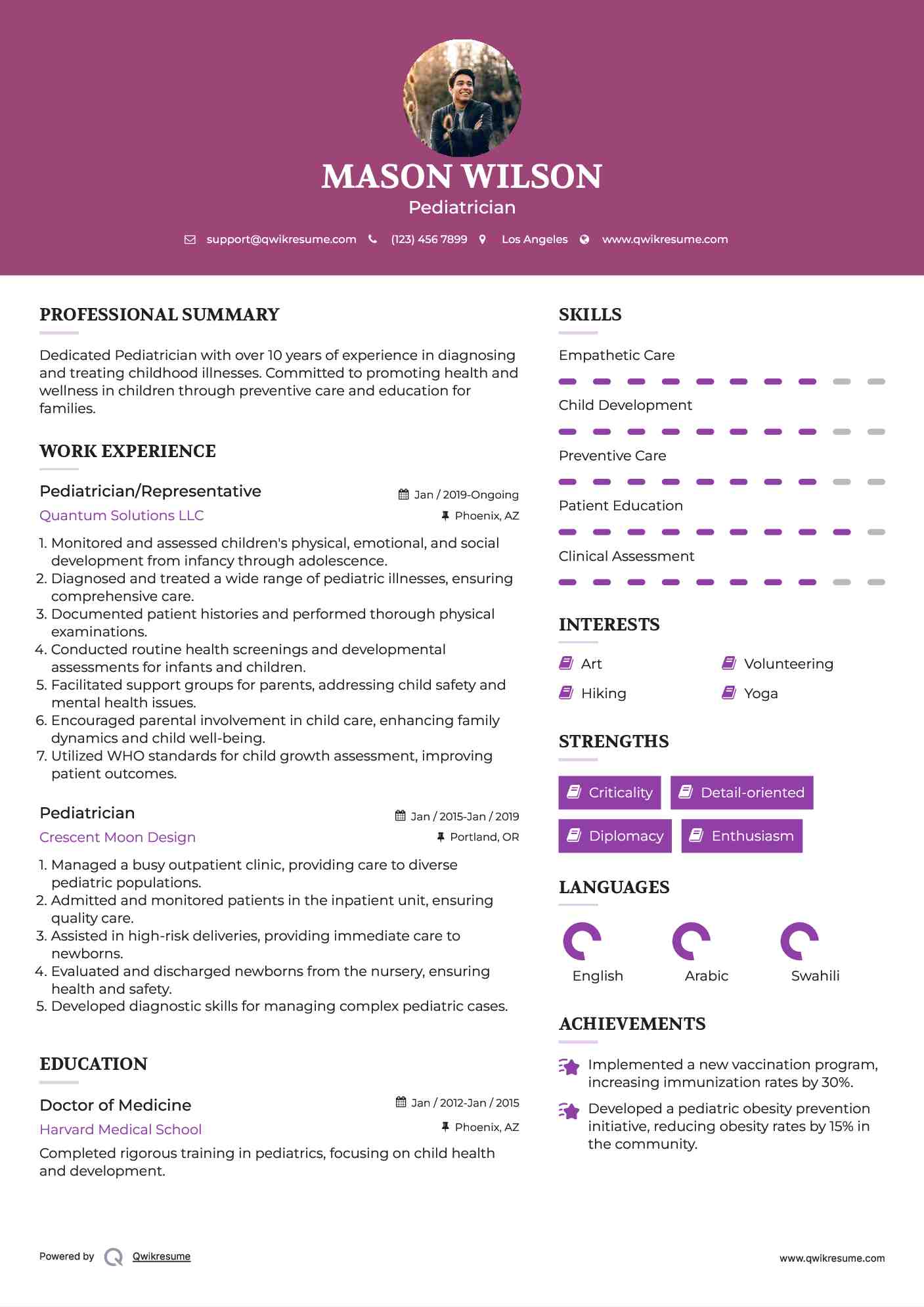 Pediatrician/Representative Resume Format