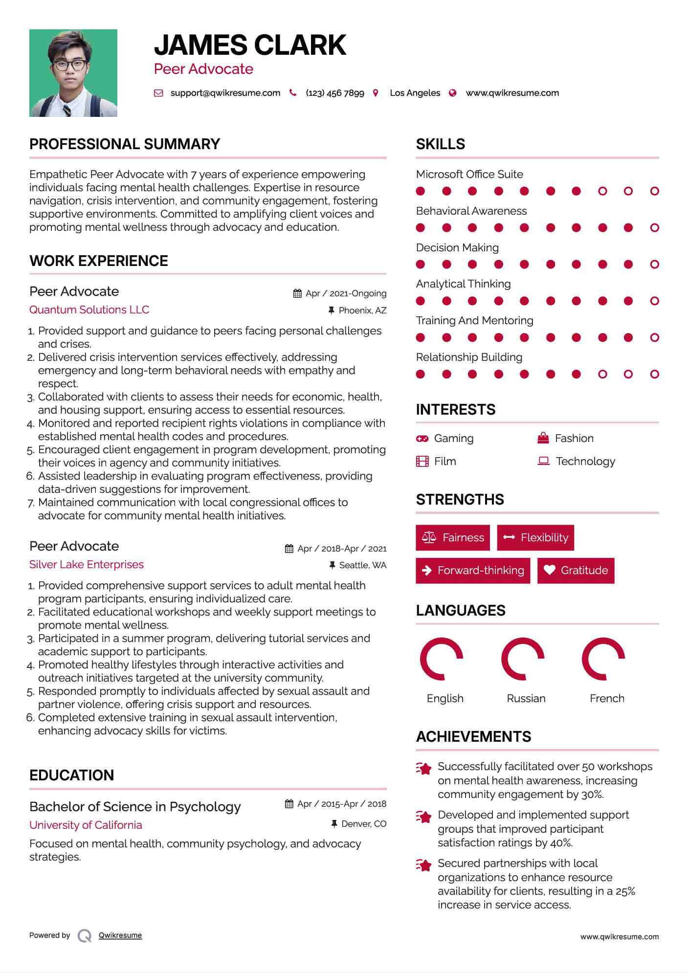 Peer Advocate Resume Sample