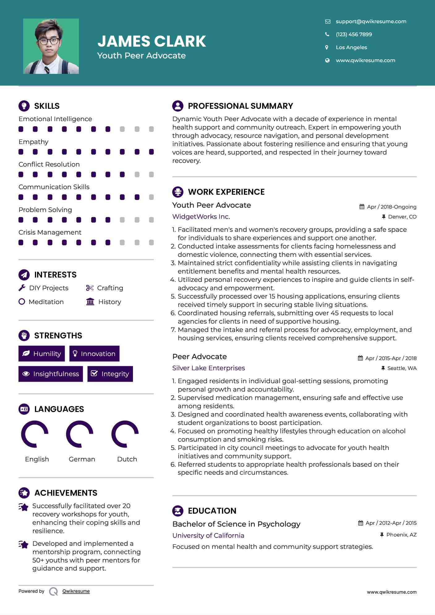 Youth Peer Advocate Resume Sample