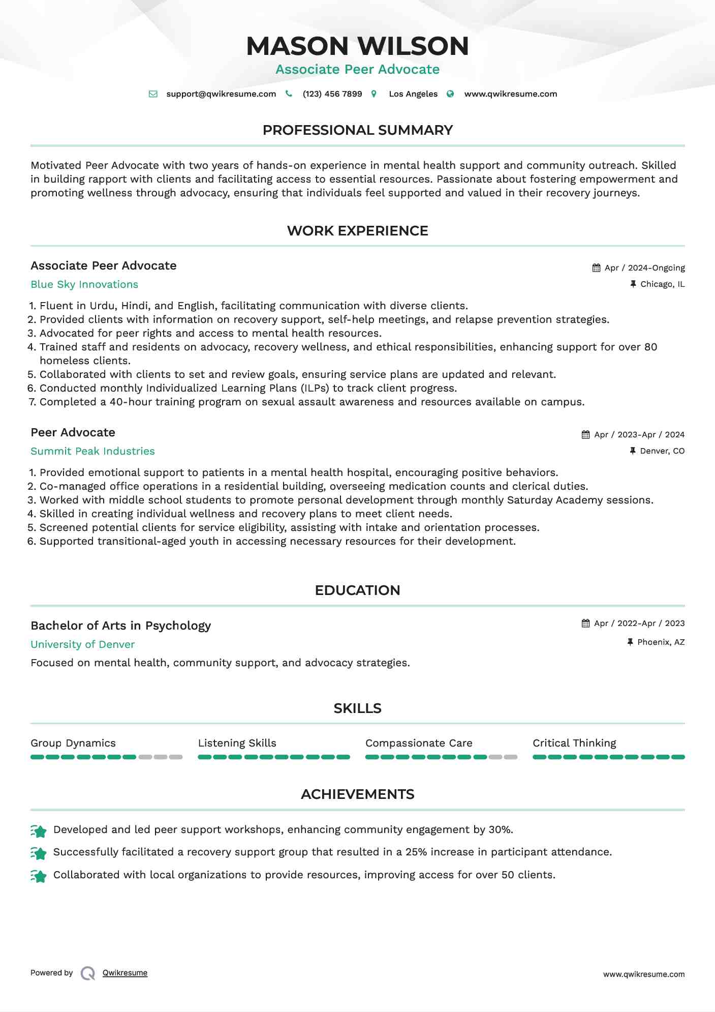 Associate  Peer Advocate Resume Example