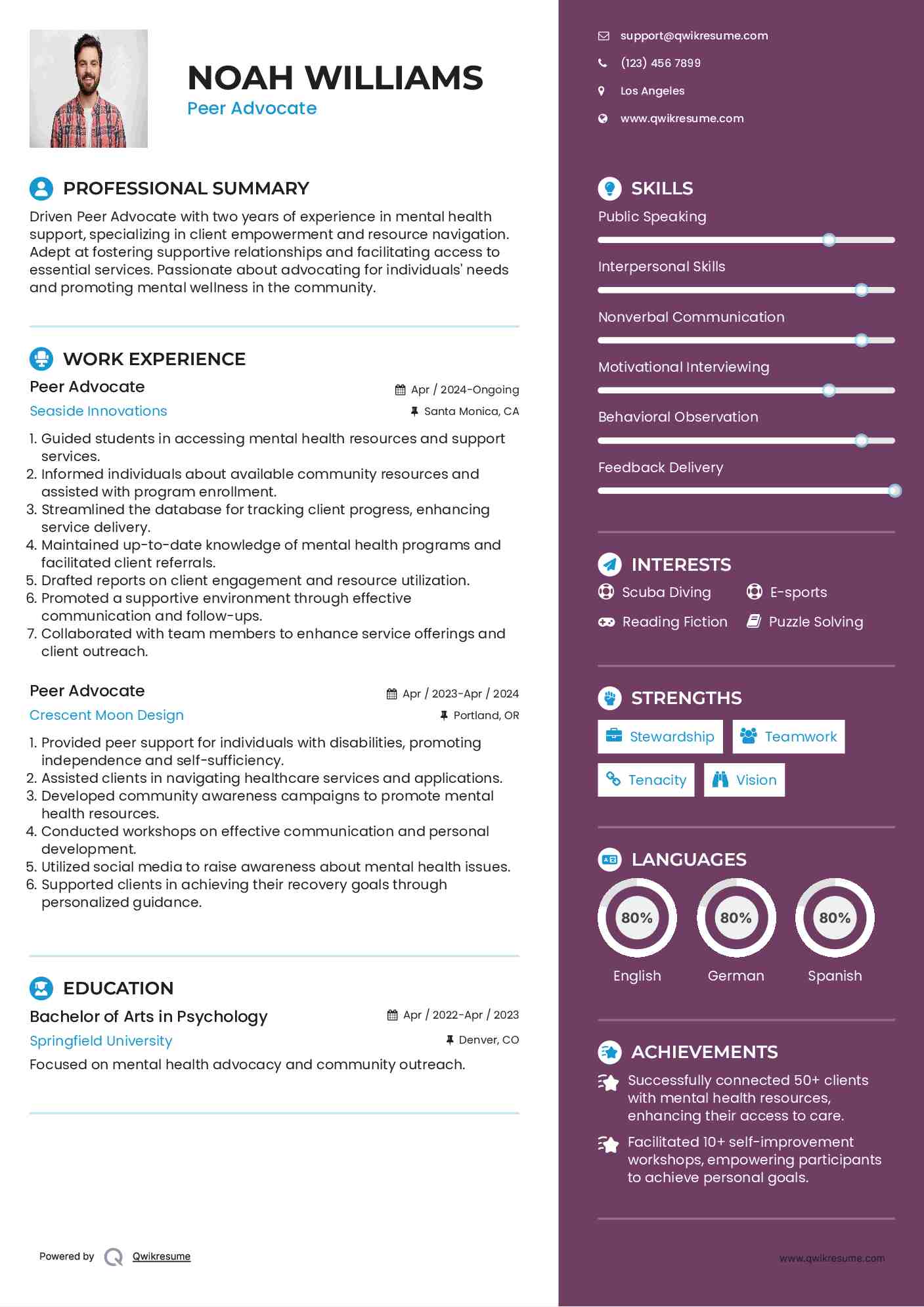 Peer Advocate Resume Example