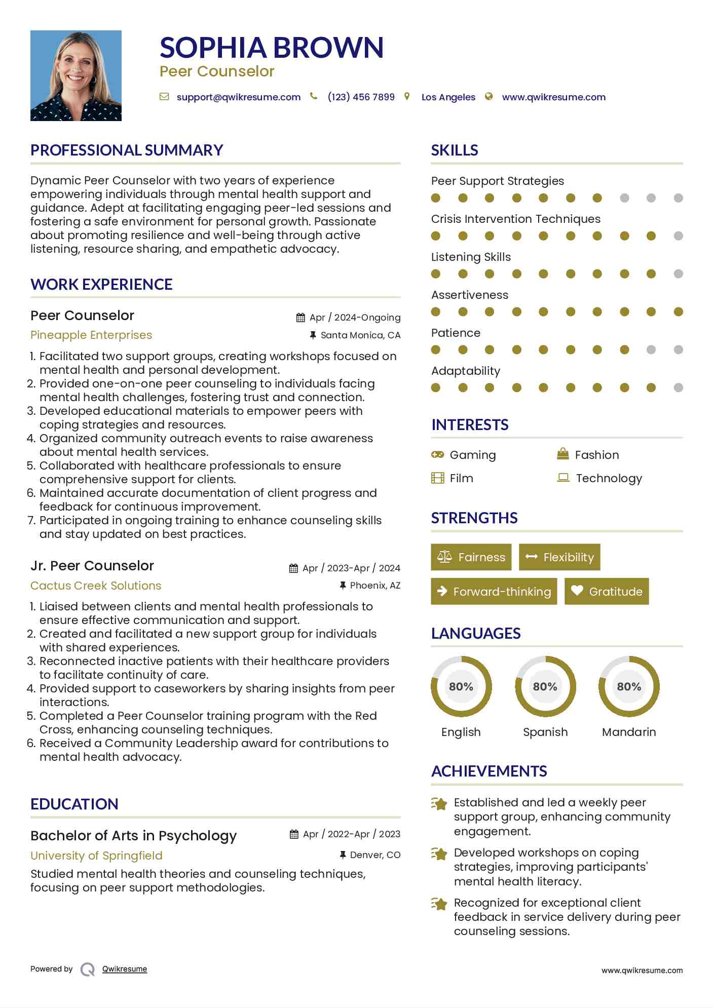 Peer Counselor Resume Example