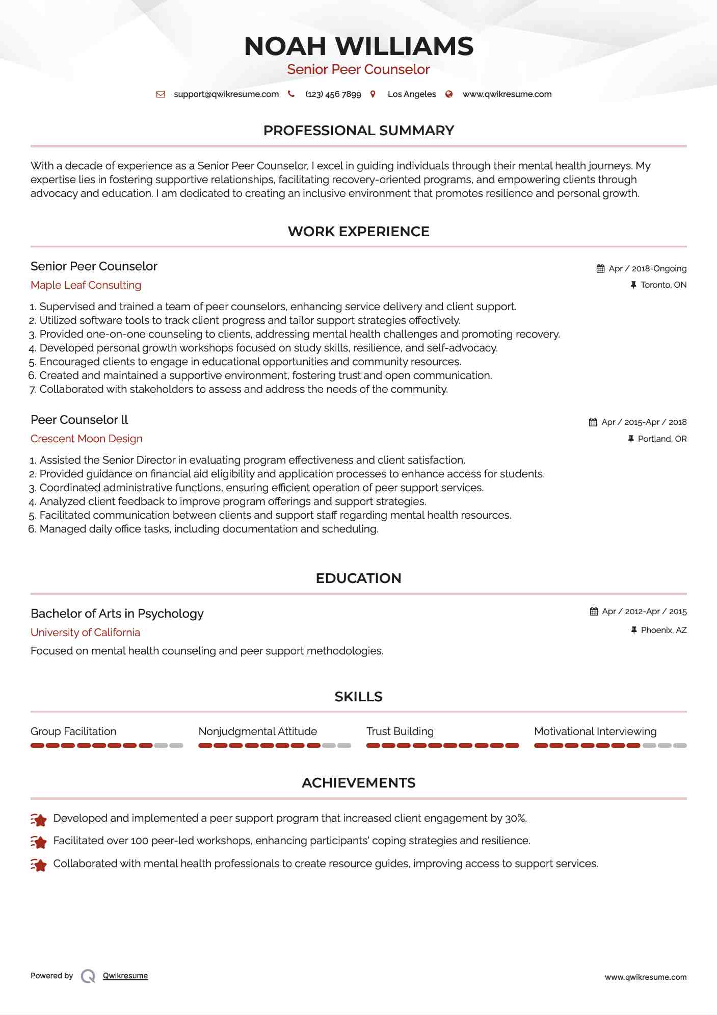 Senior Peer Counselor Resume Model