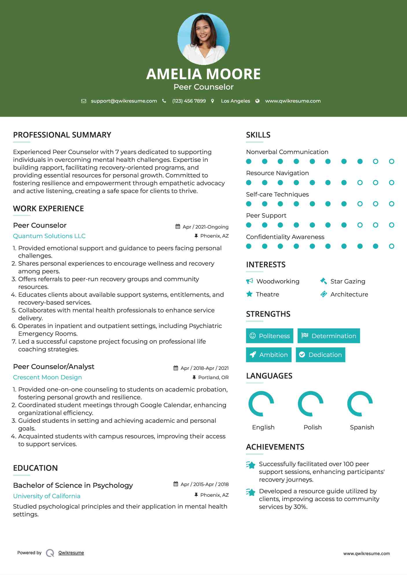 Peer Counselor Resume Example