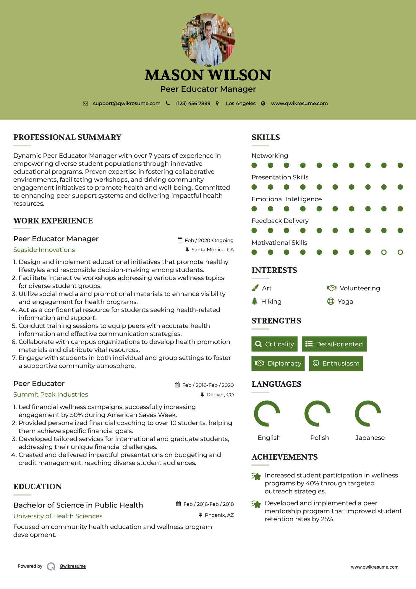 Peer Educator Manager Resume Sample