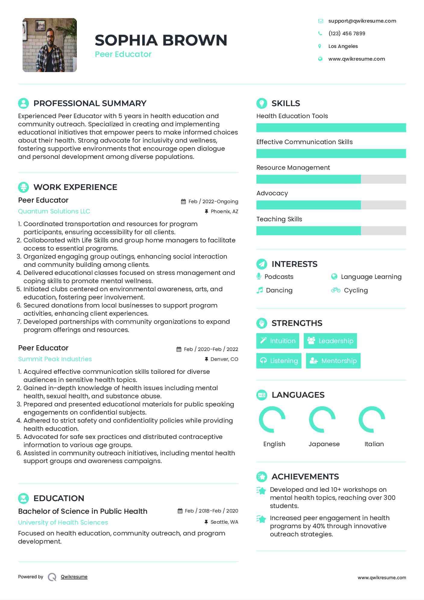 Peer Educator Resume Model