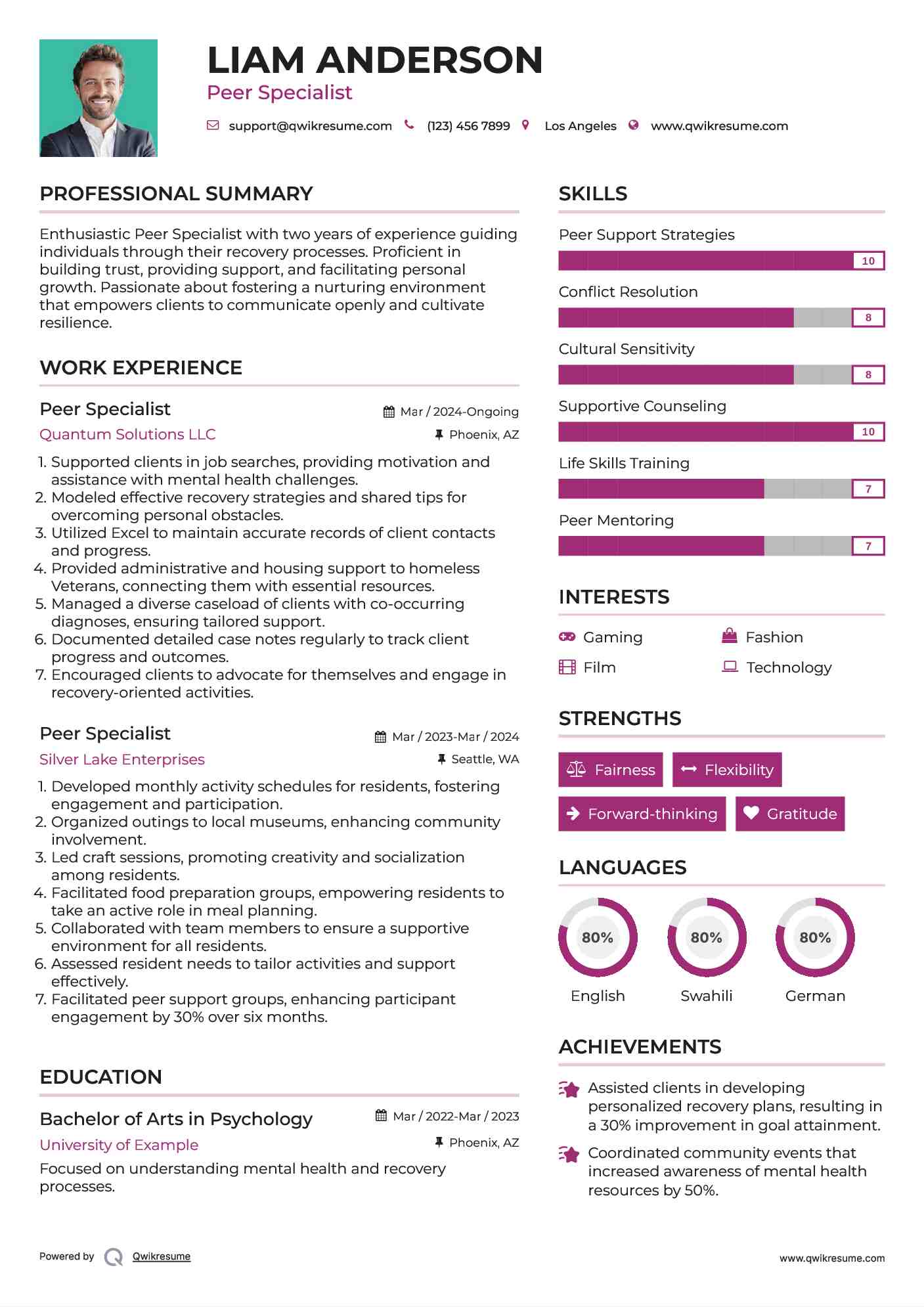 Peer Specialist Resume Sample