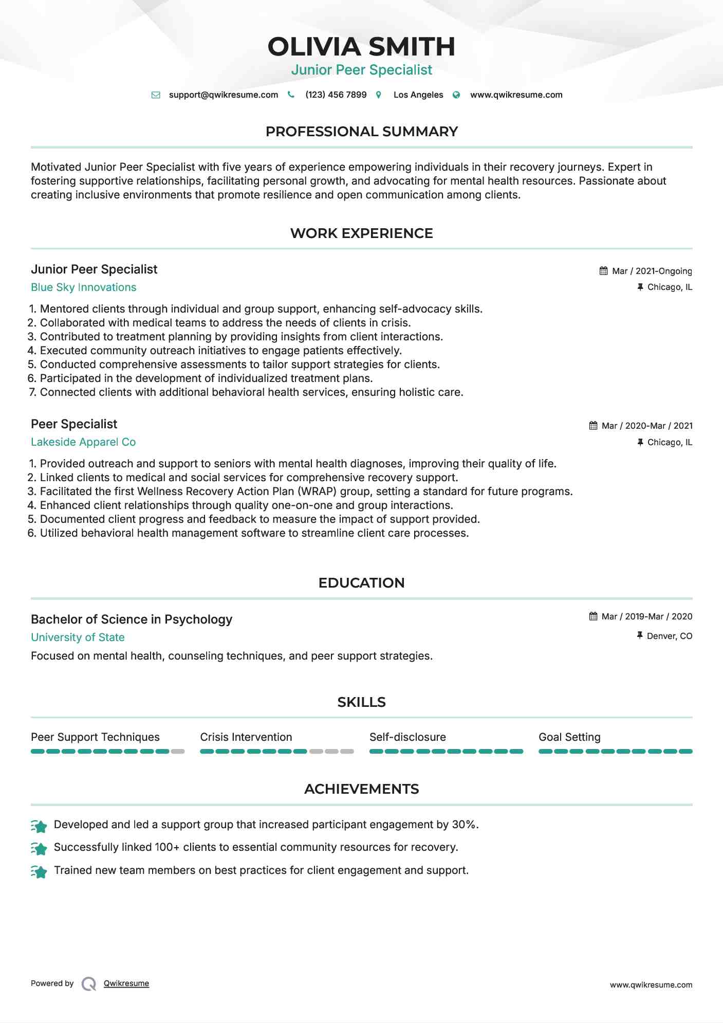 Junior Peer Specialist Resume Format