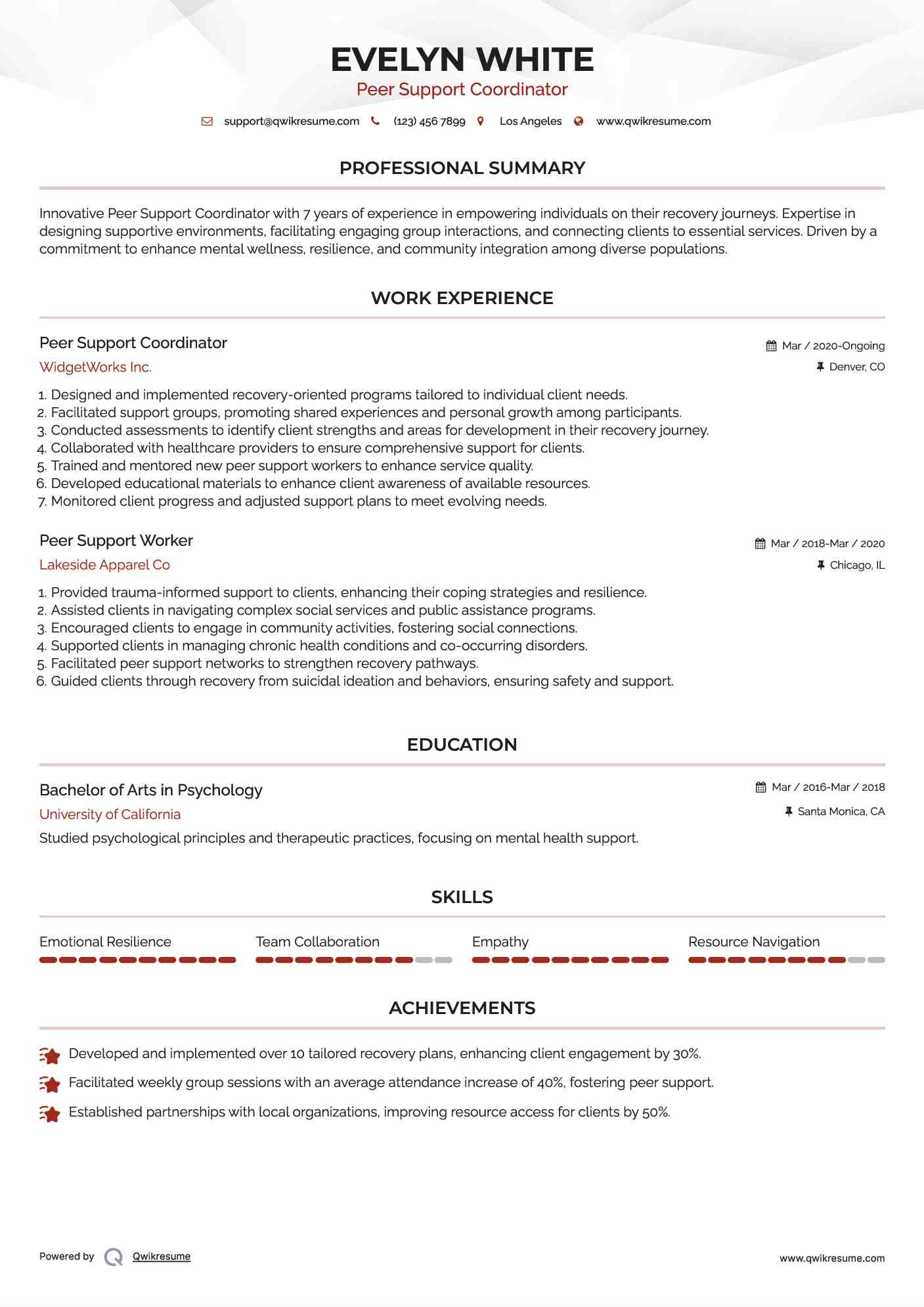 Peer Support Coordinator Resume Example