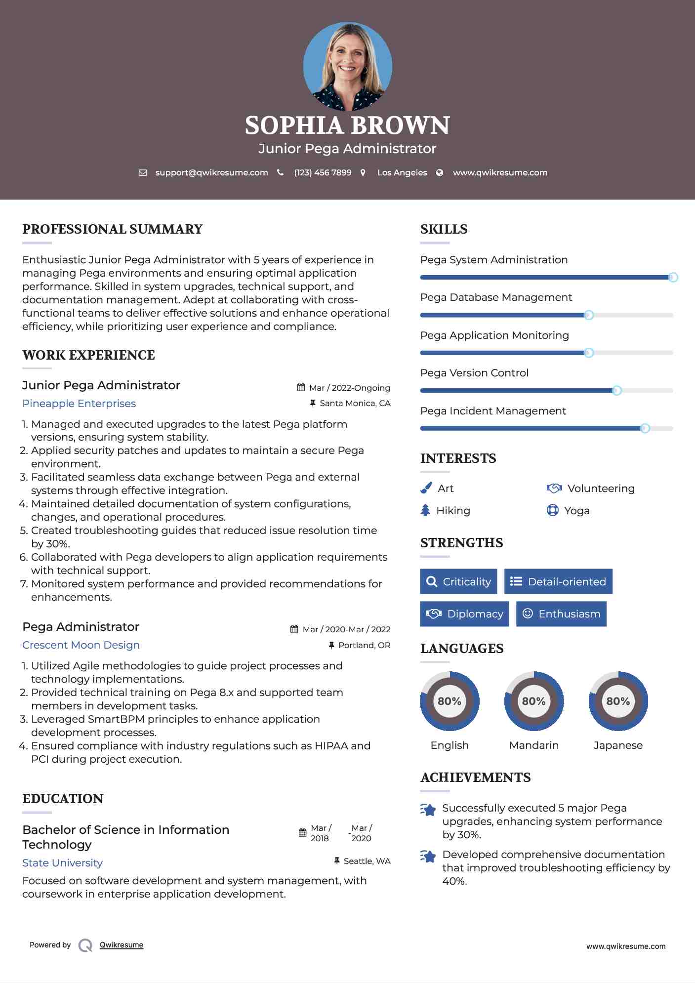Junior Pega Administrator Resume Model