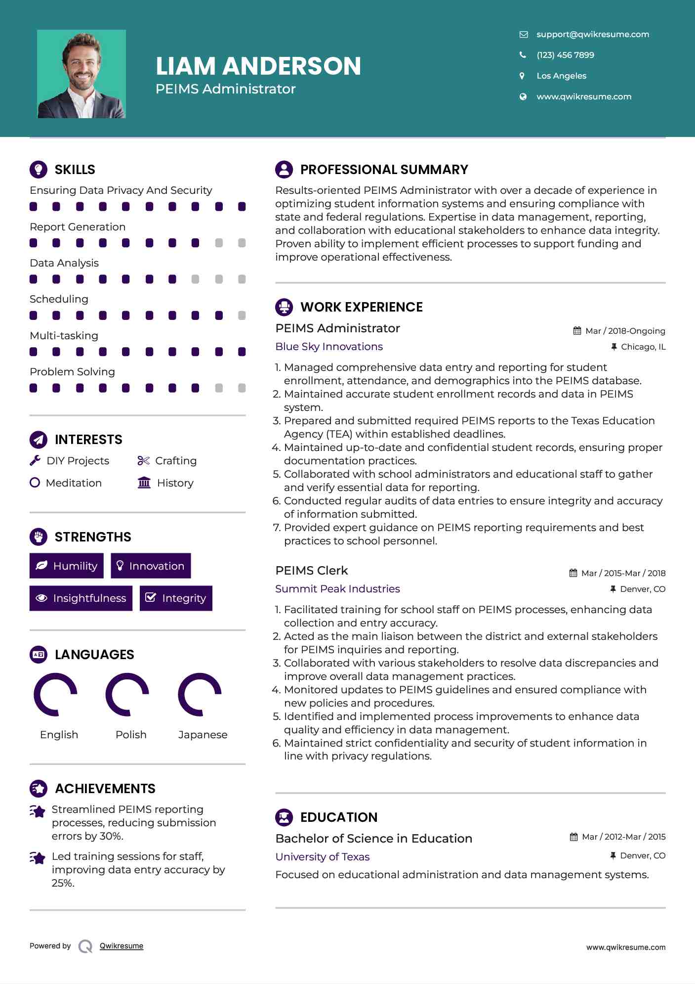 PEIMS Administrator Resume Example