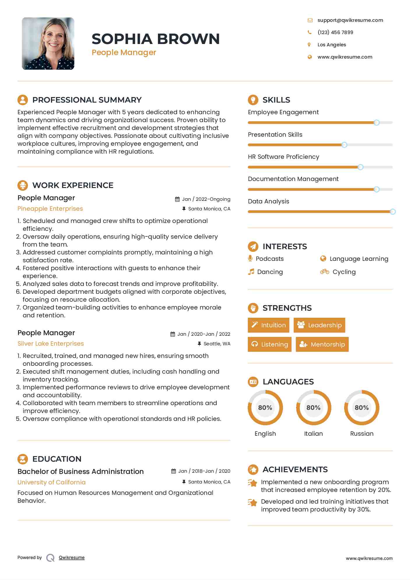 People Manager Resume Example