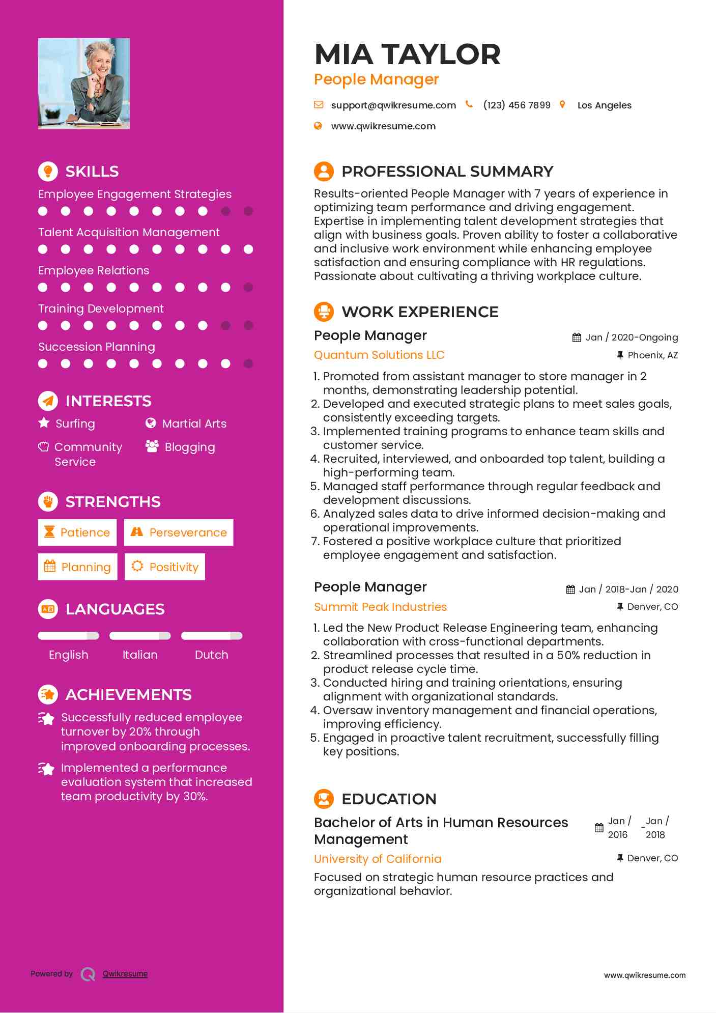 People Manager Resume Sample