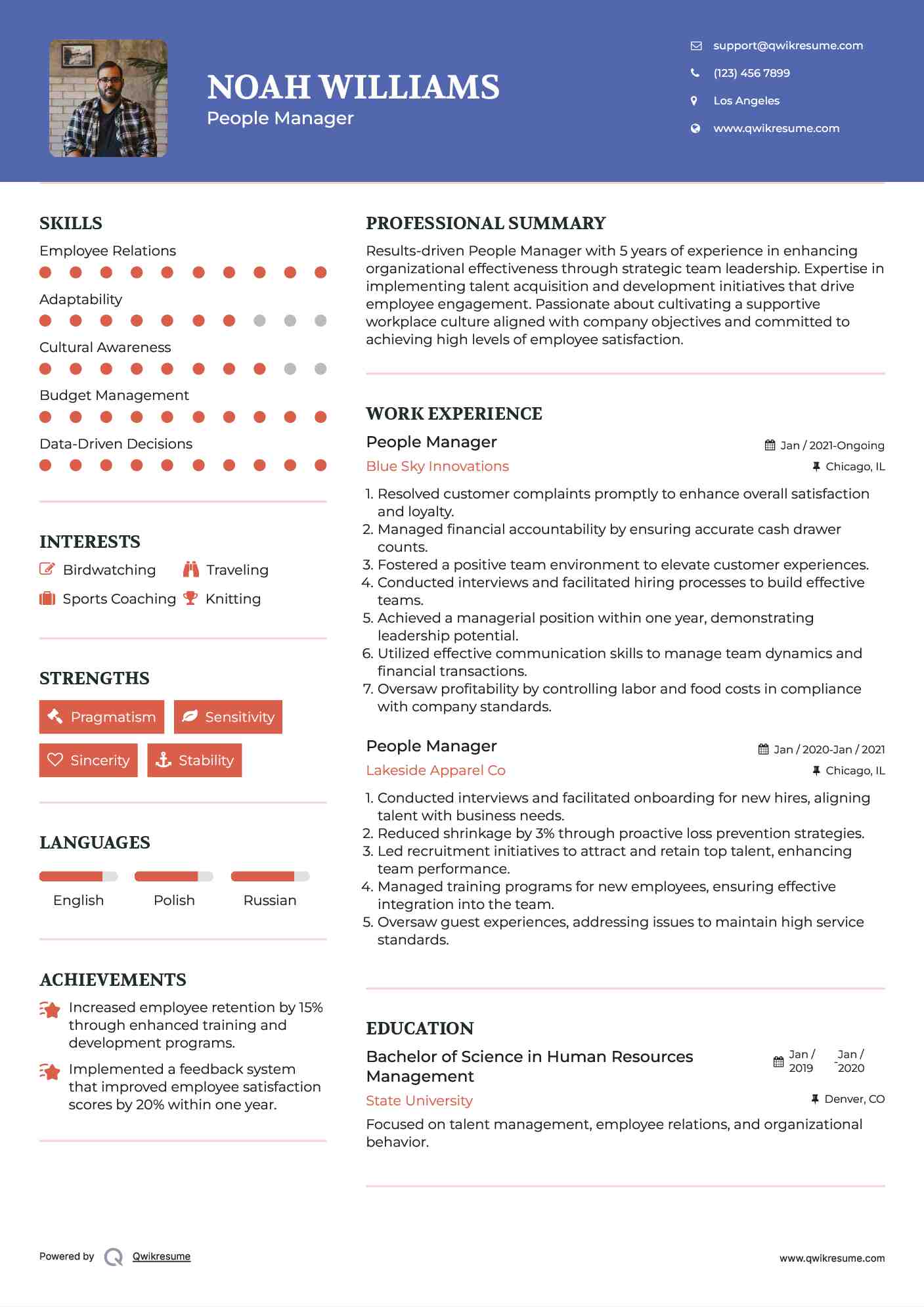 People Manager Resume Example