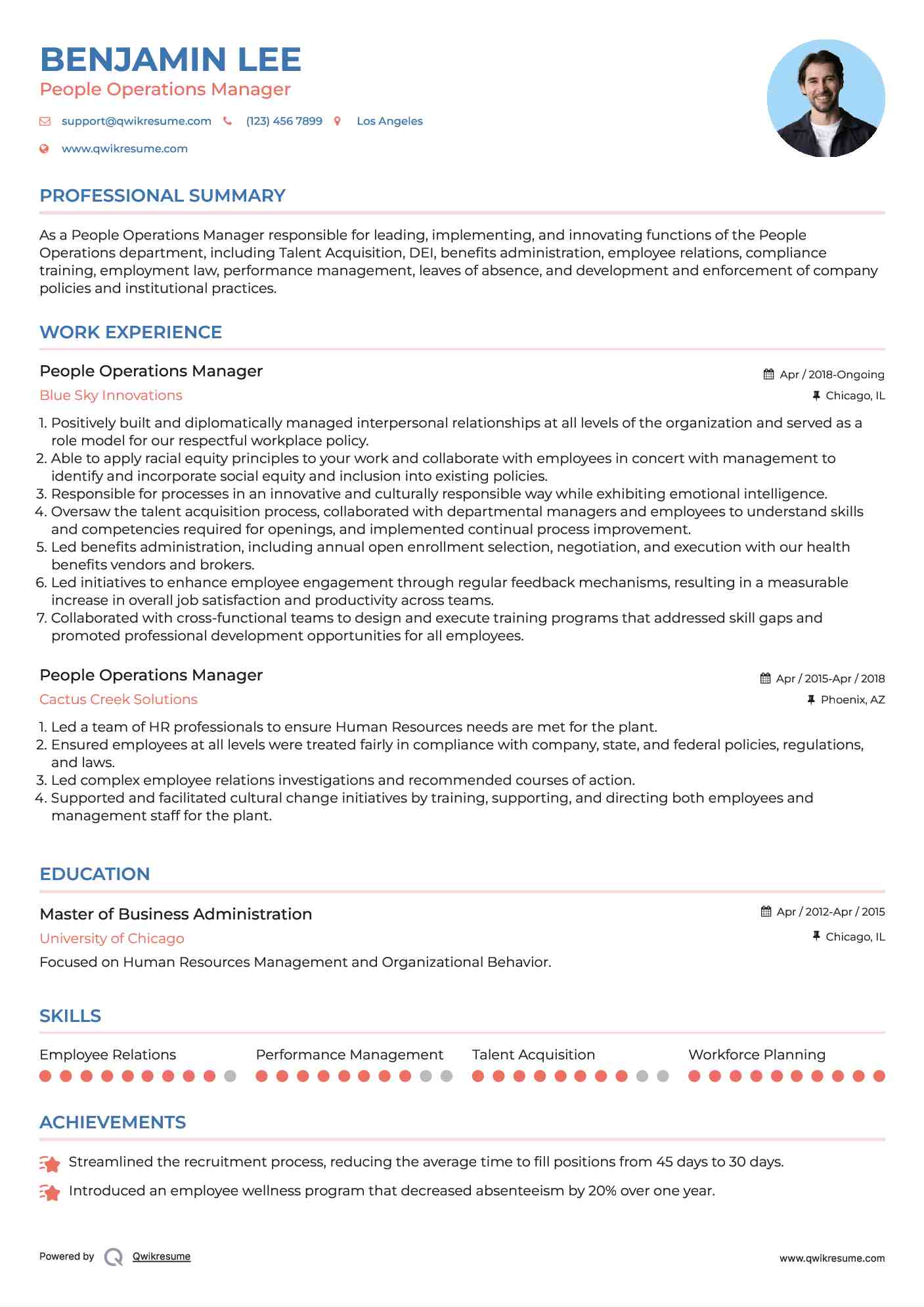 People Operations Manager Resume Sample