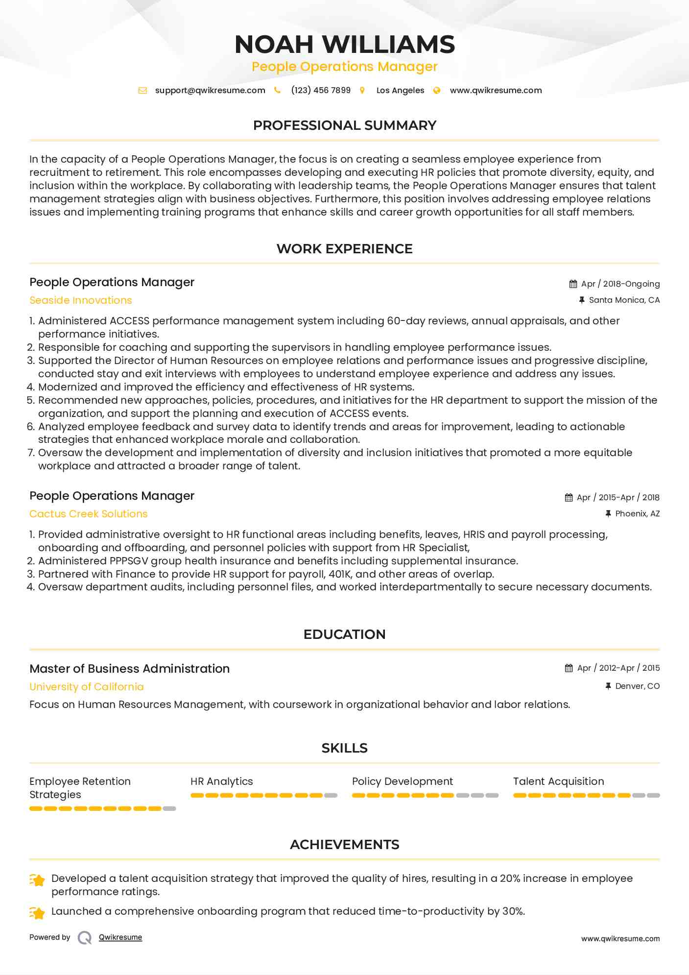 People Operations Manager Resume Sample