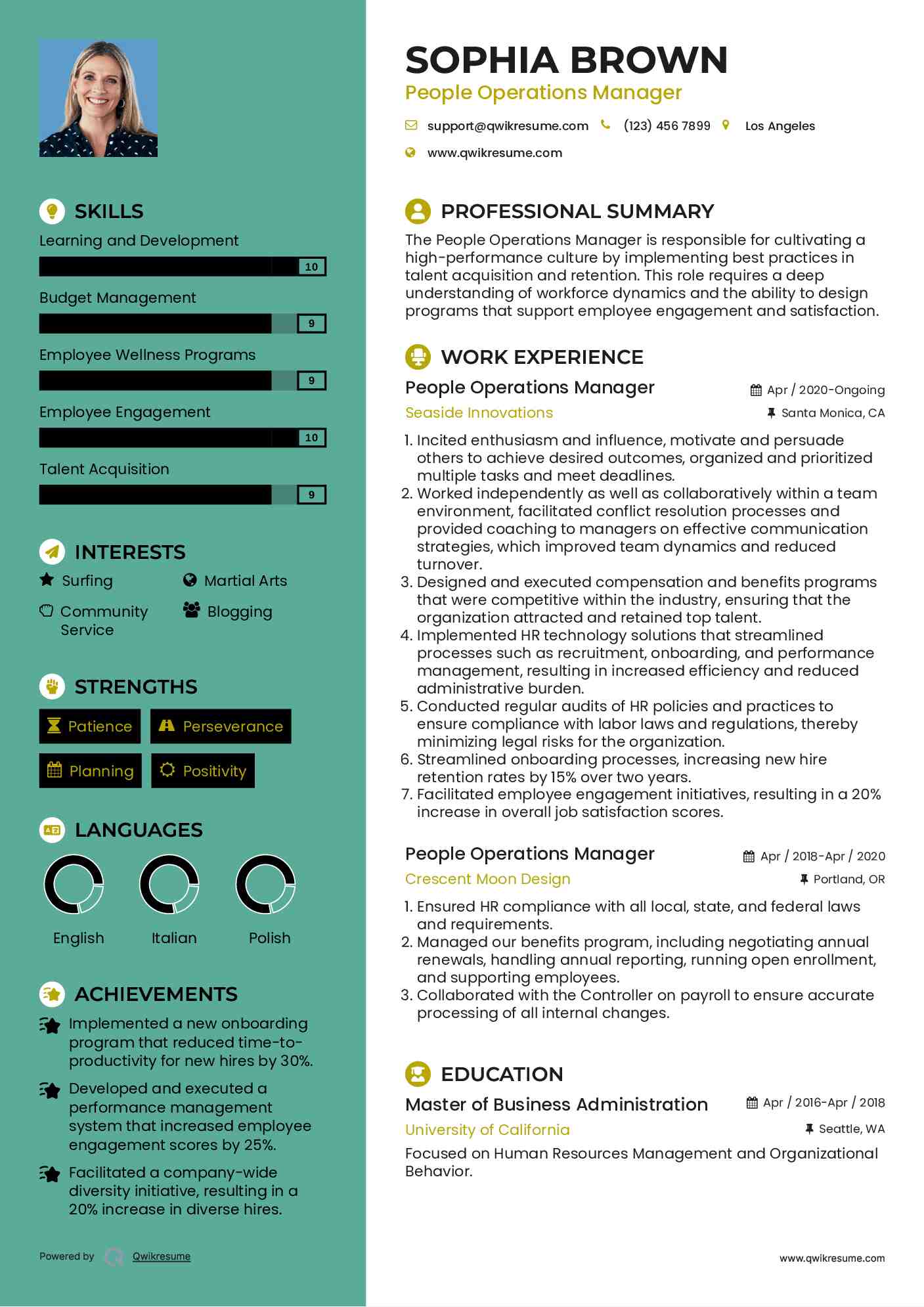 People Operations Manager Resume Example