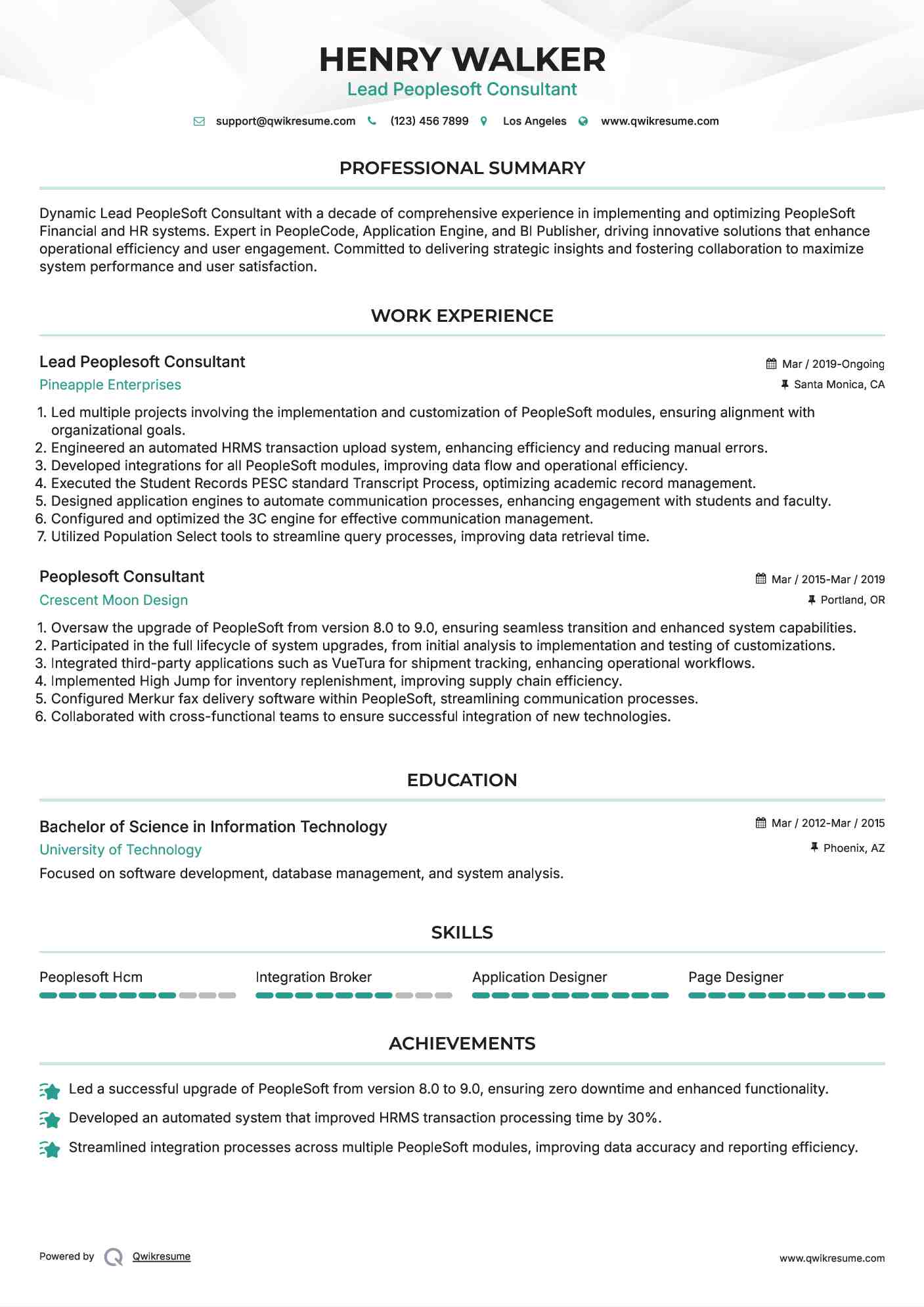 Lead Peoplesoft Consultant Resume Format