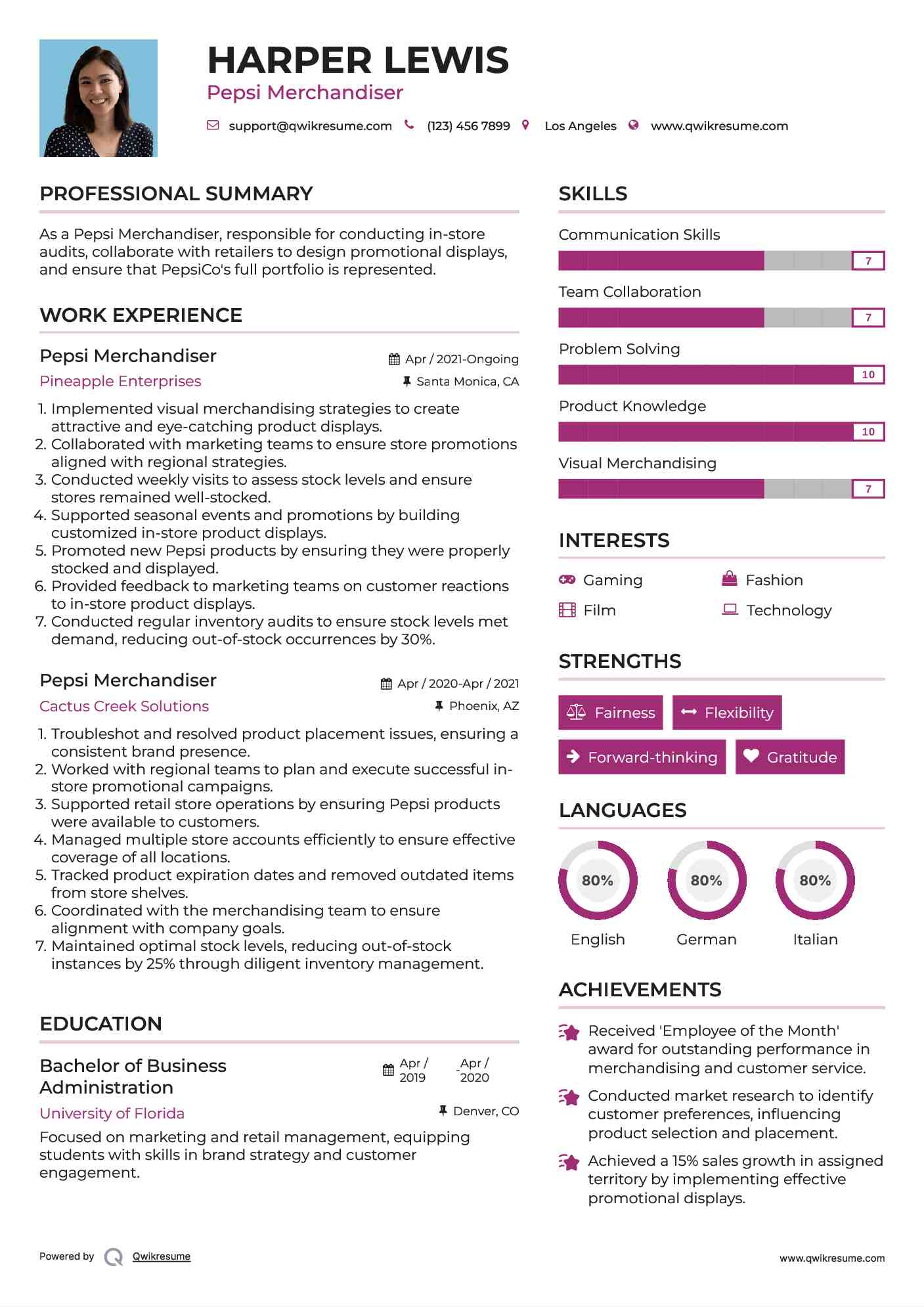 Pepsi Merchandiser Resume Example