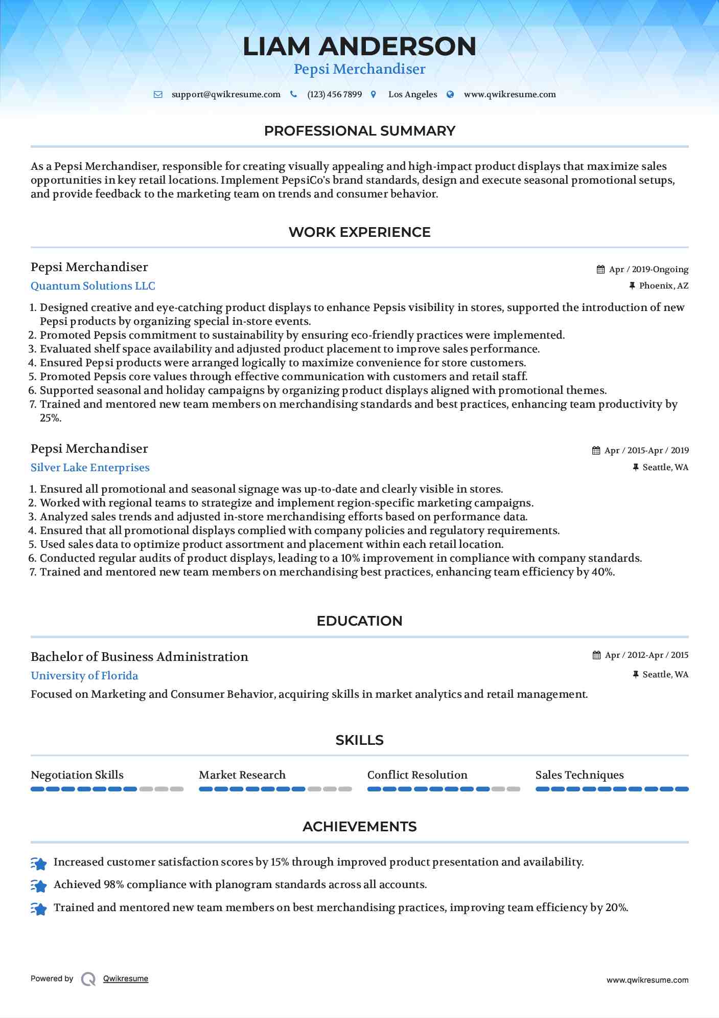 Pepsi Merchandiser Resume Example