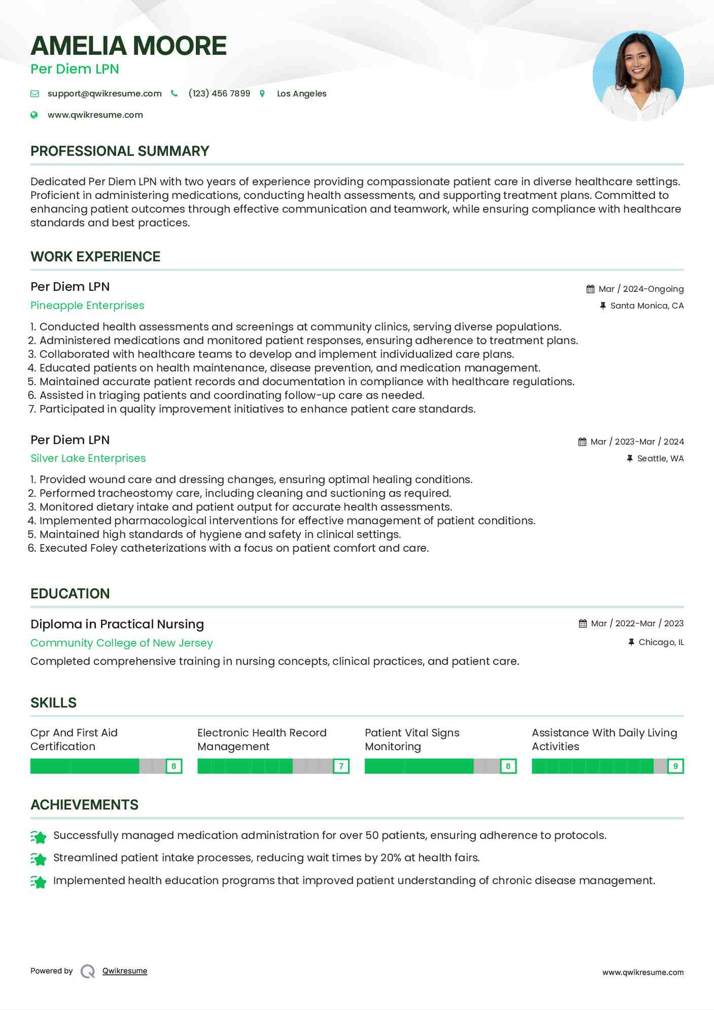 Per Diem LPN Resume Example