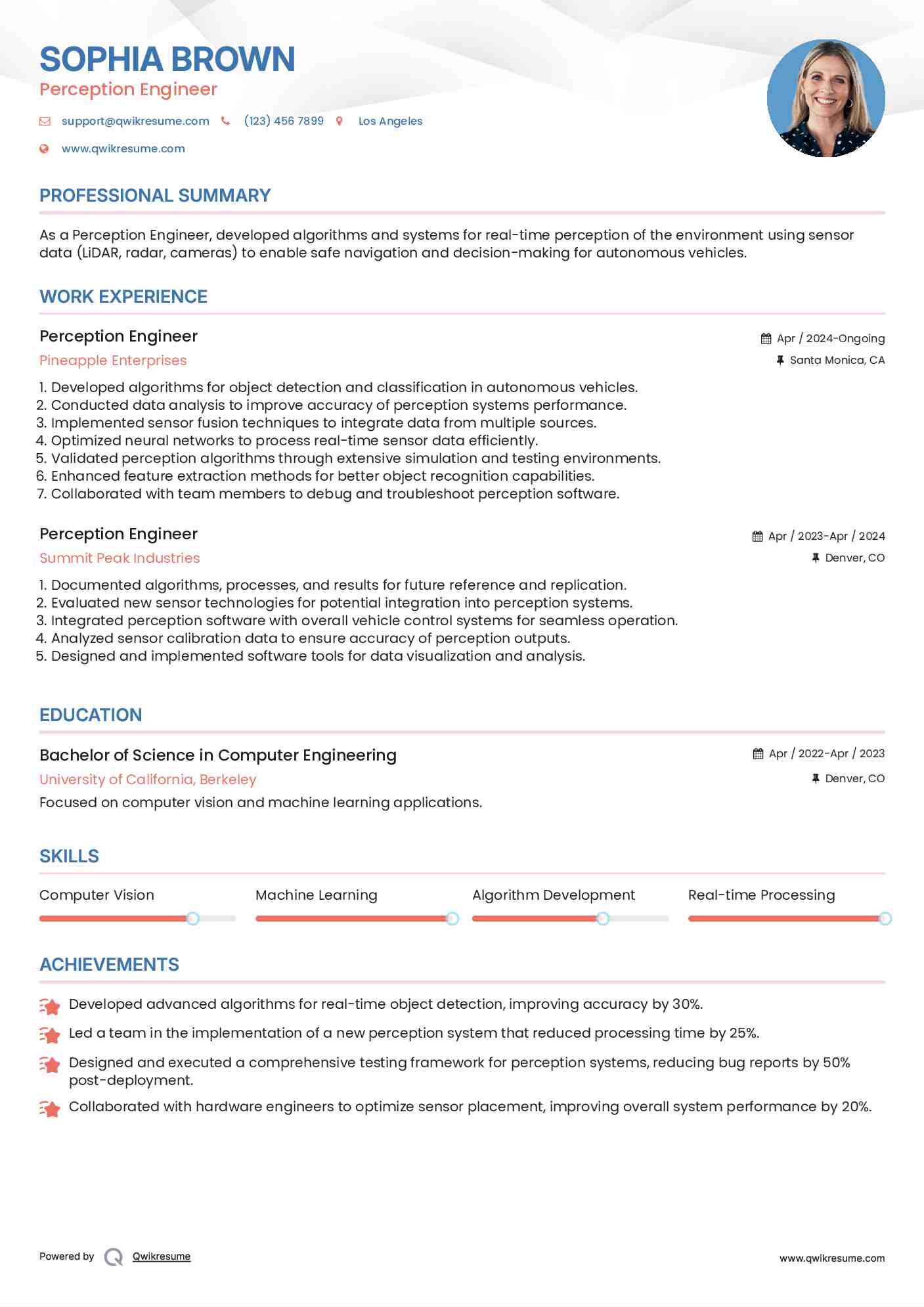 Perception Engineer Resume Example