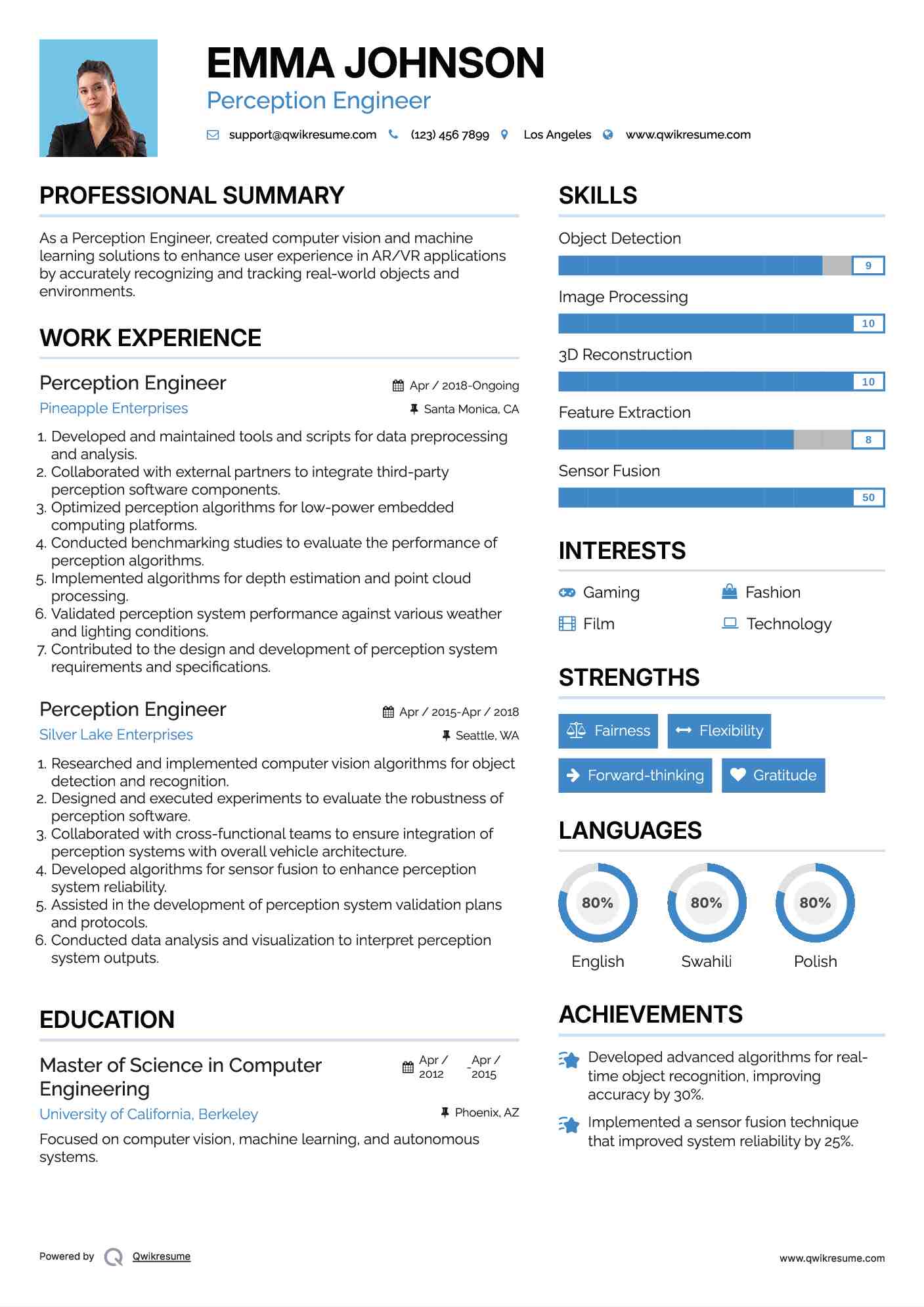 Perception Engineer Resume Format