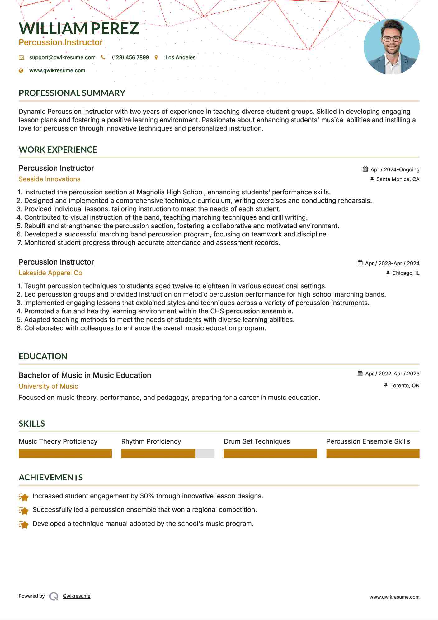 Percussion Instructor Resume Format