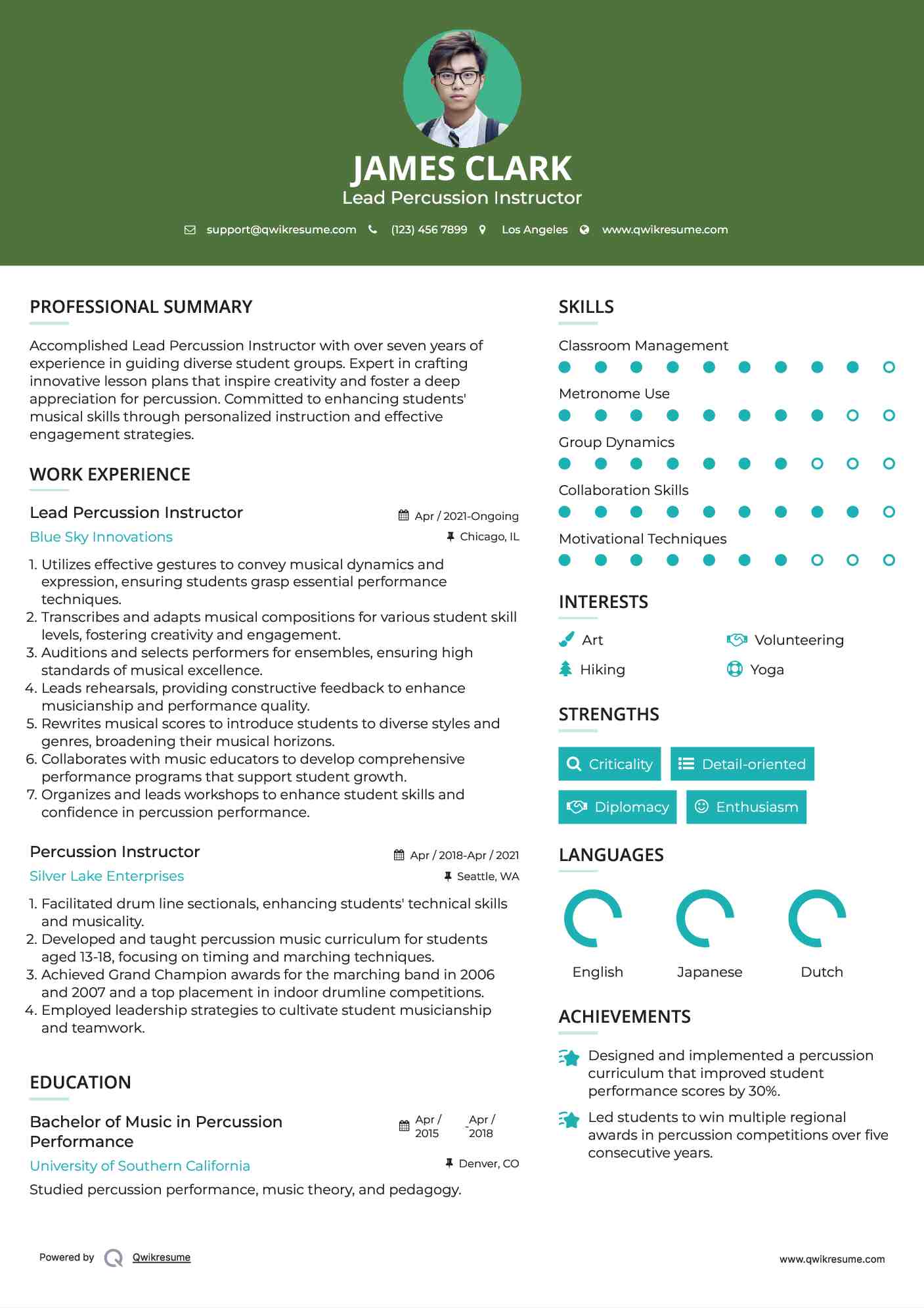 Lead Percussion Instructor Resume Format