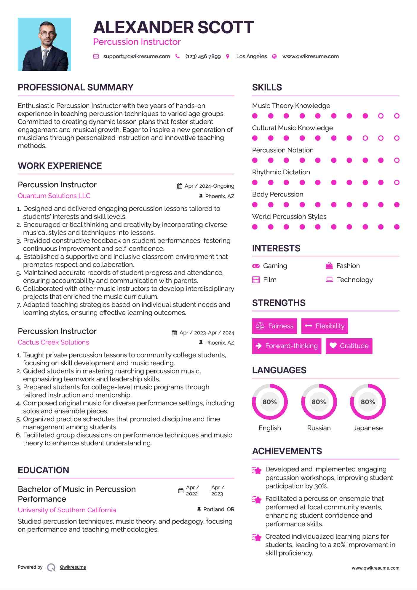 Percussion Instructor Resume Model