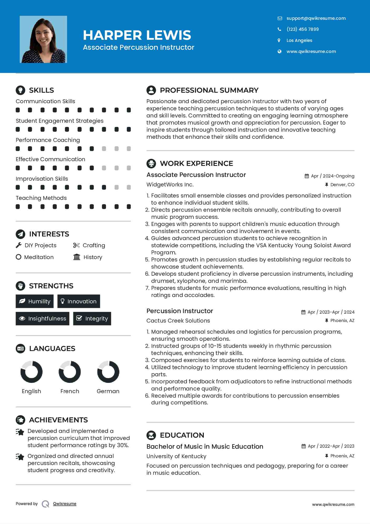 Associate Percussion Instructor Resume Model