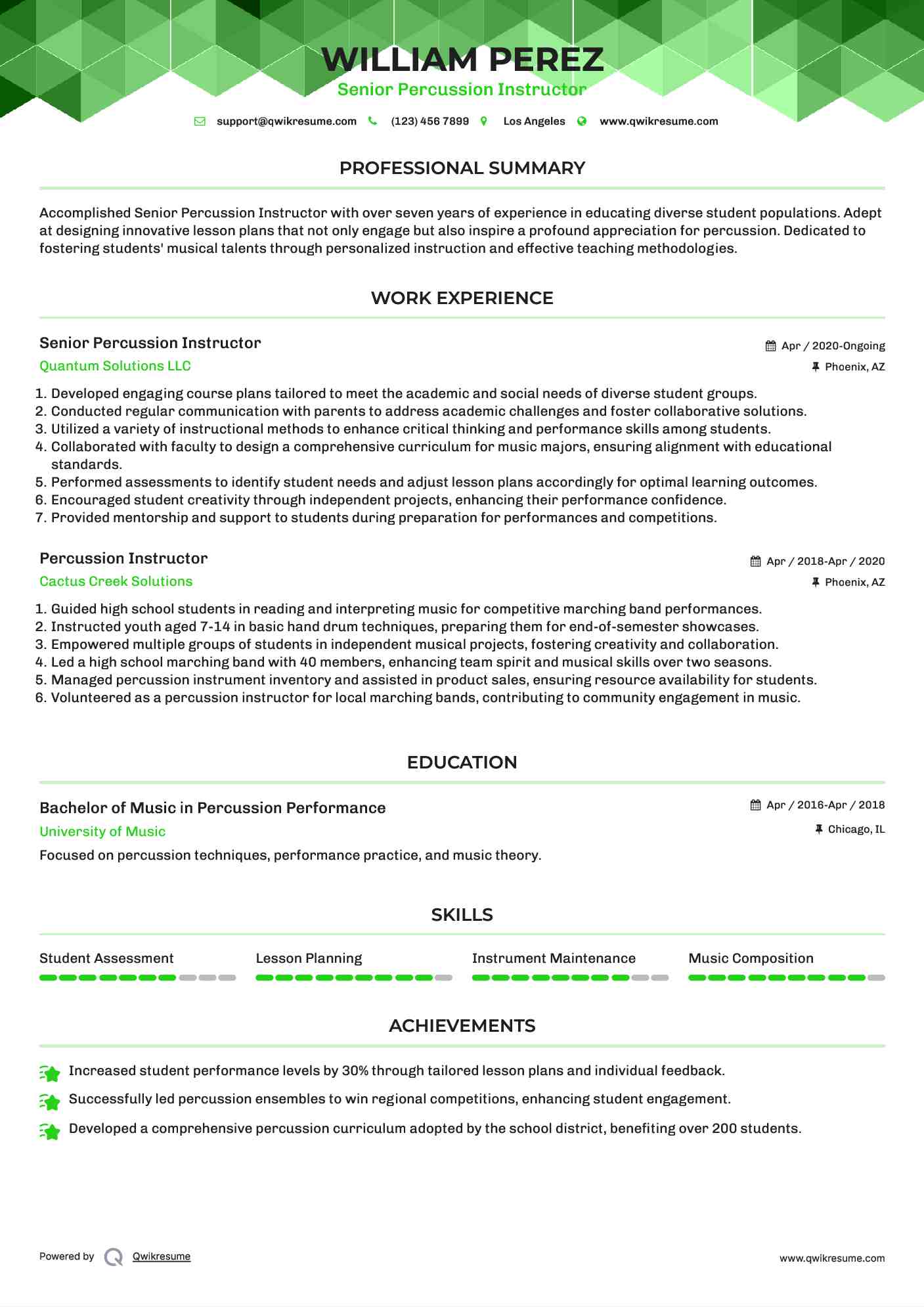 Senior Percussion Instructor Resume Format