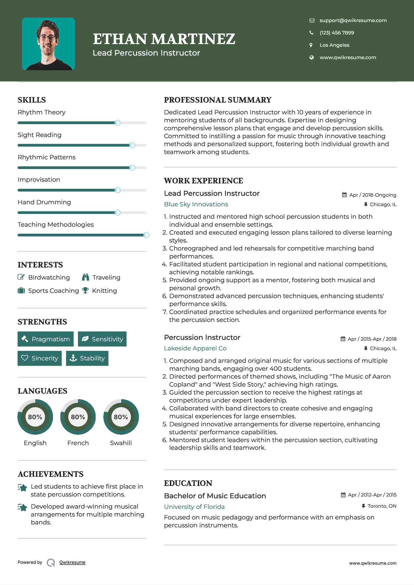 Lead Percussion Instructor  Resume Model