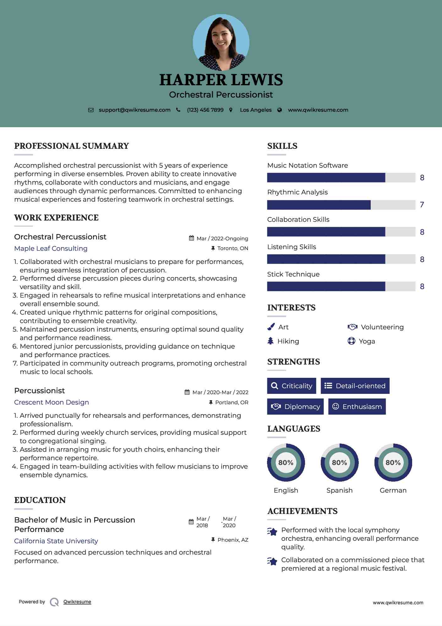 Orchestral Percussionist
 Resume Format