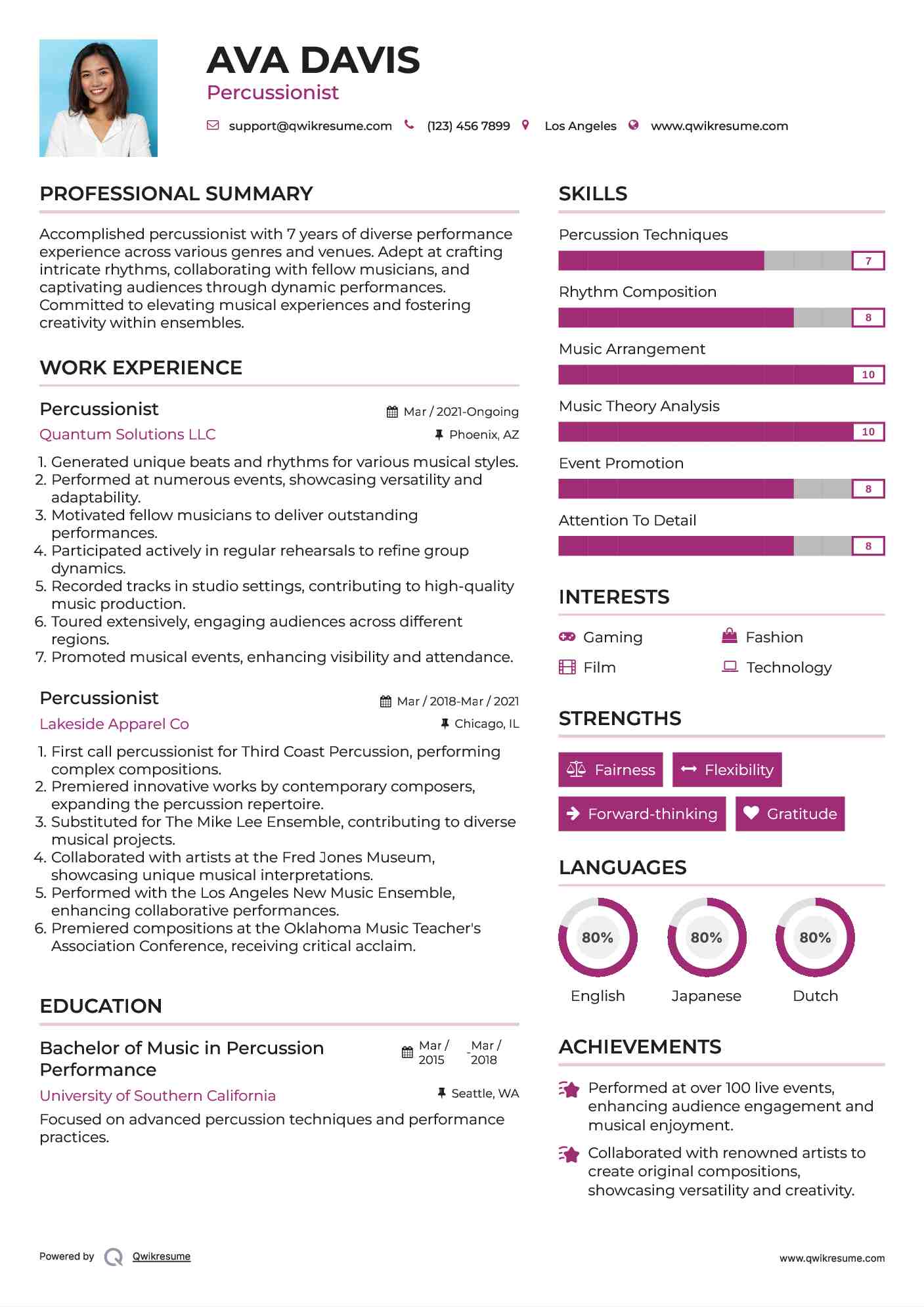 Percussionist Resume Example