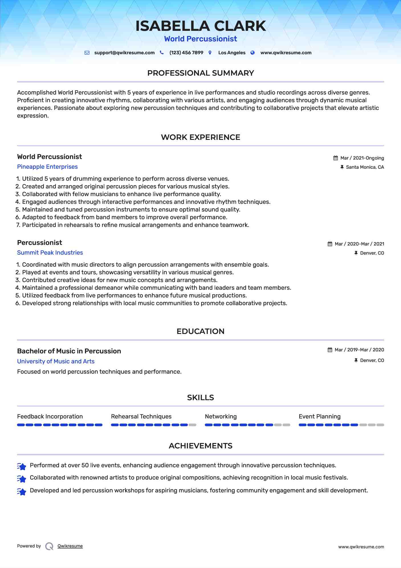 World Percussionist Resume Template