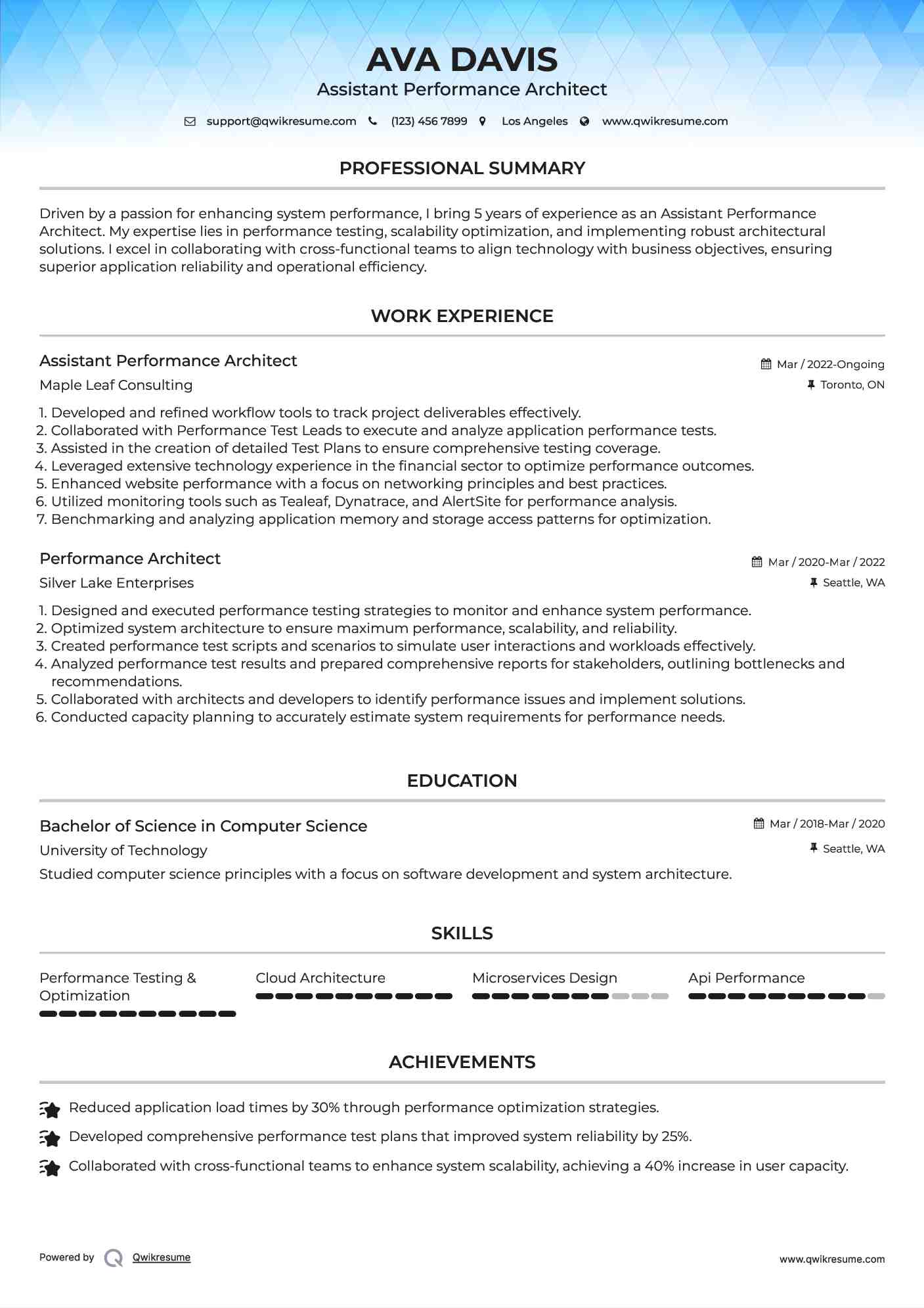 Assistant Performance Architect Resume Template