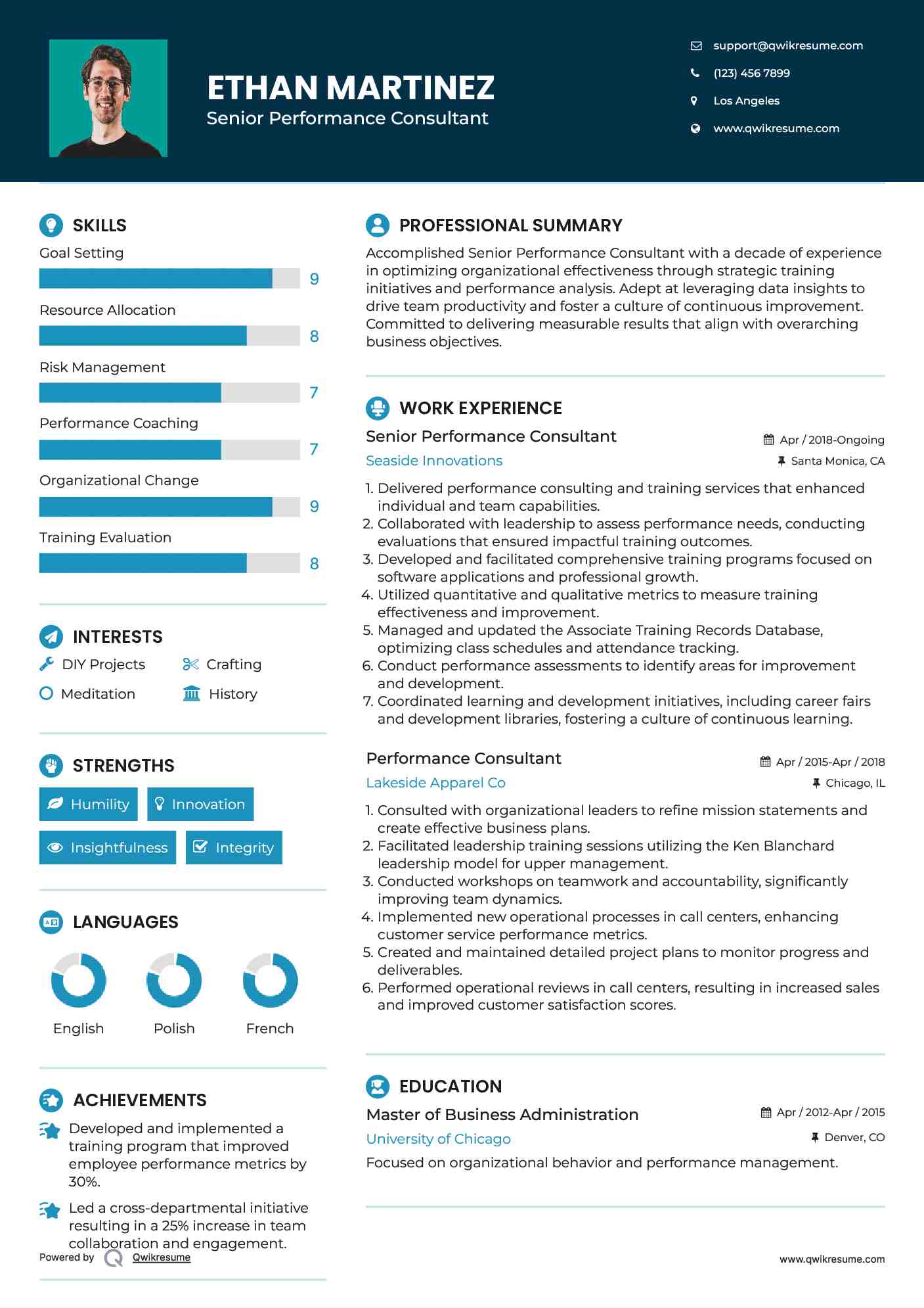 Senior Performance Consultant Resume Model
