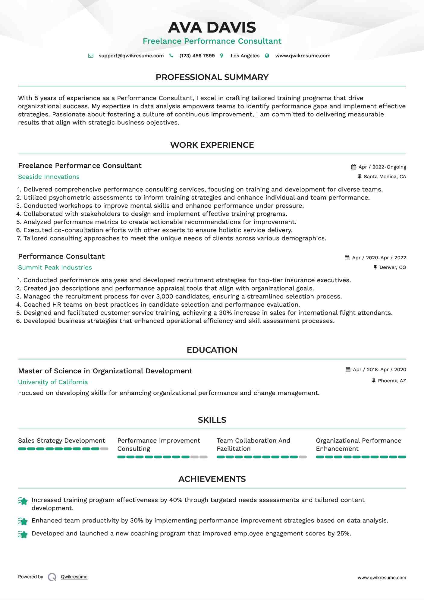 Freelance Performance Consultant Resume Sample
