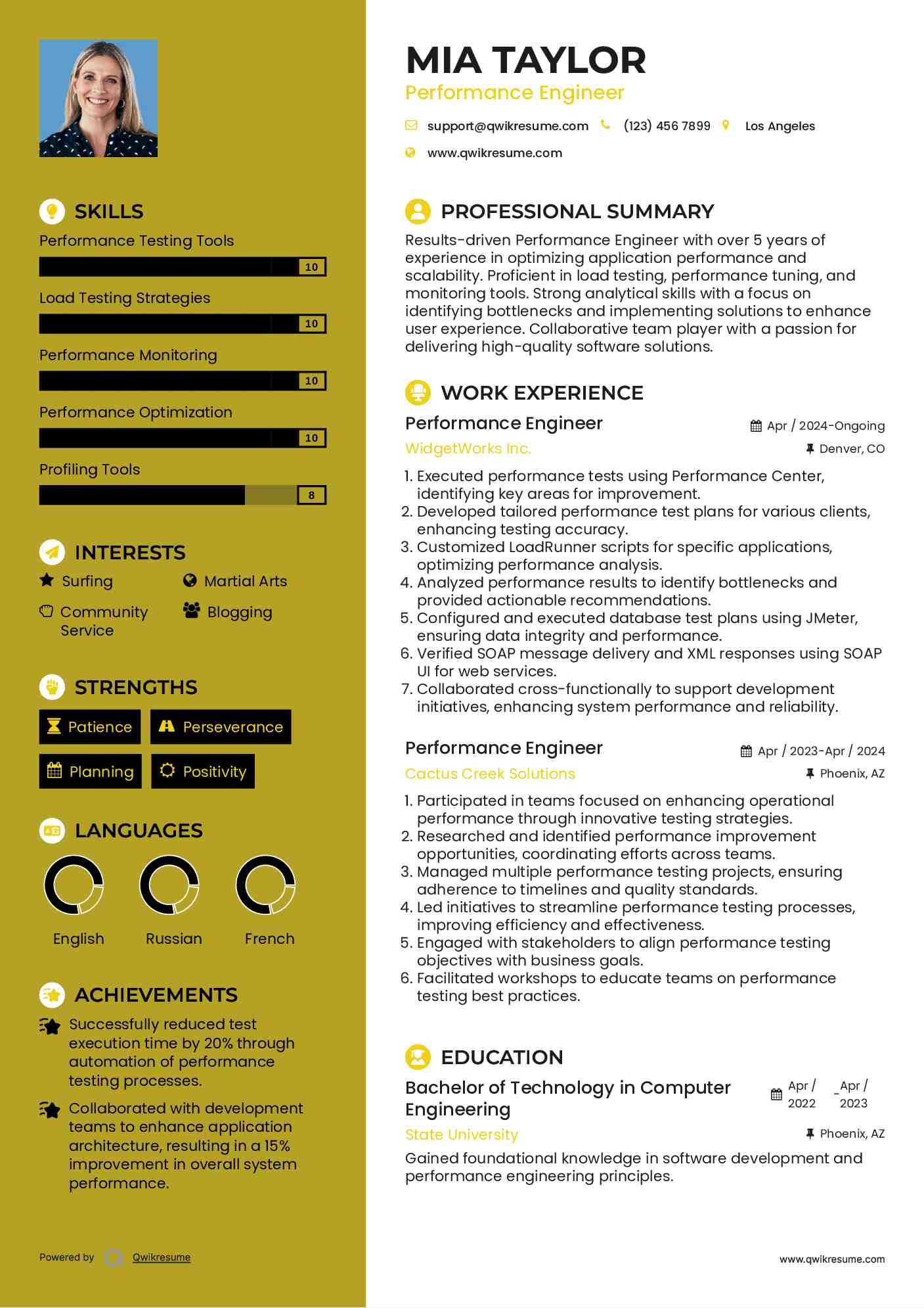 Performance Engineer Resume Sample