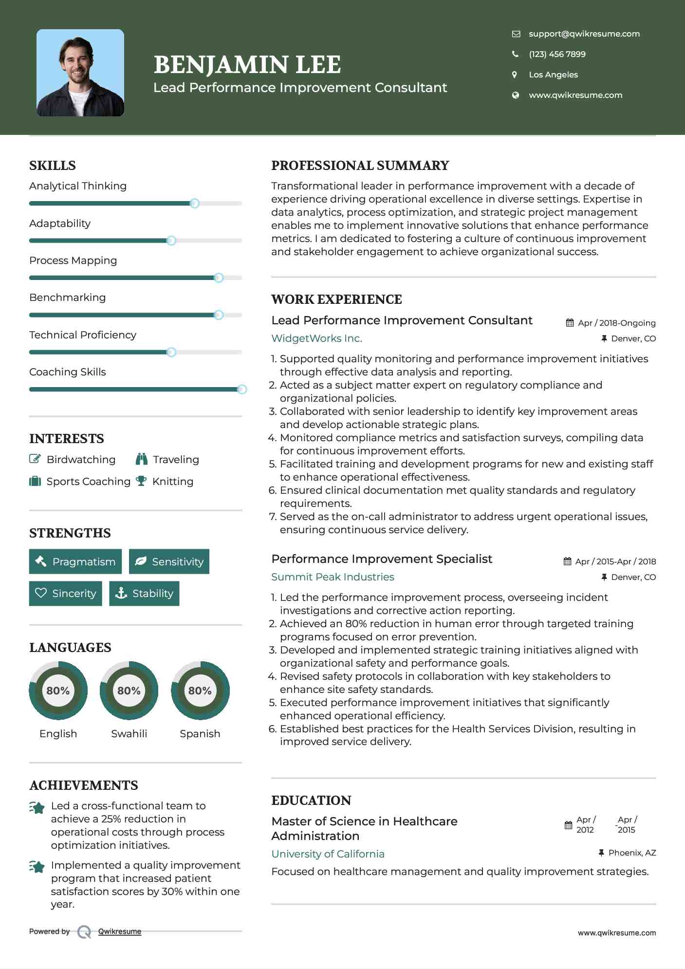 Lead Performance Improvement Consultant Resume Example