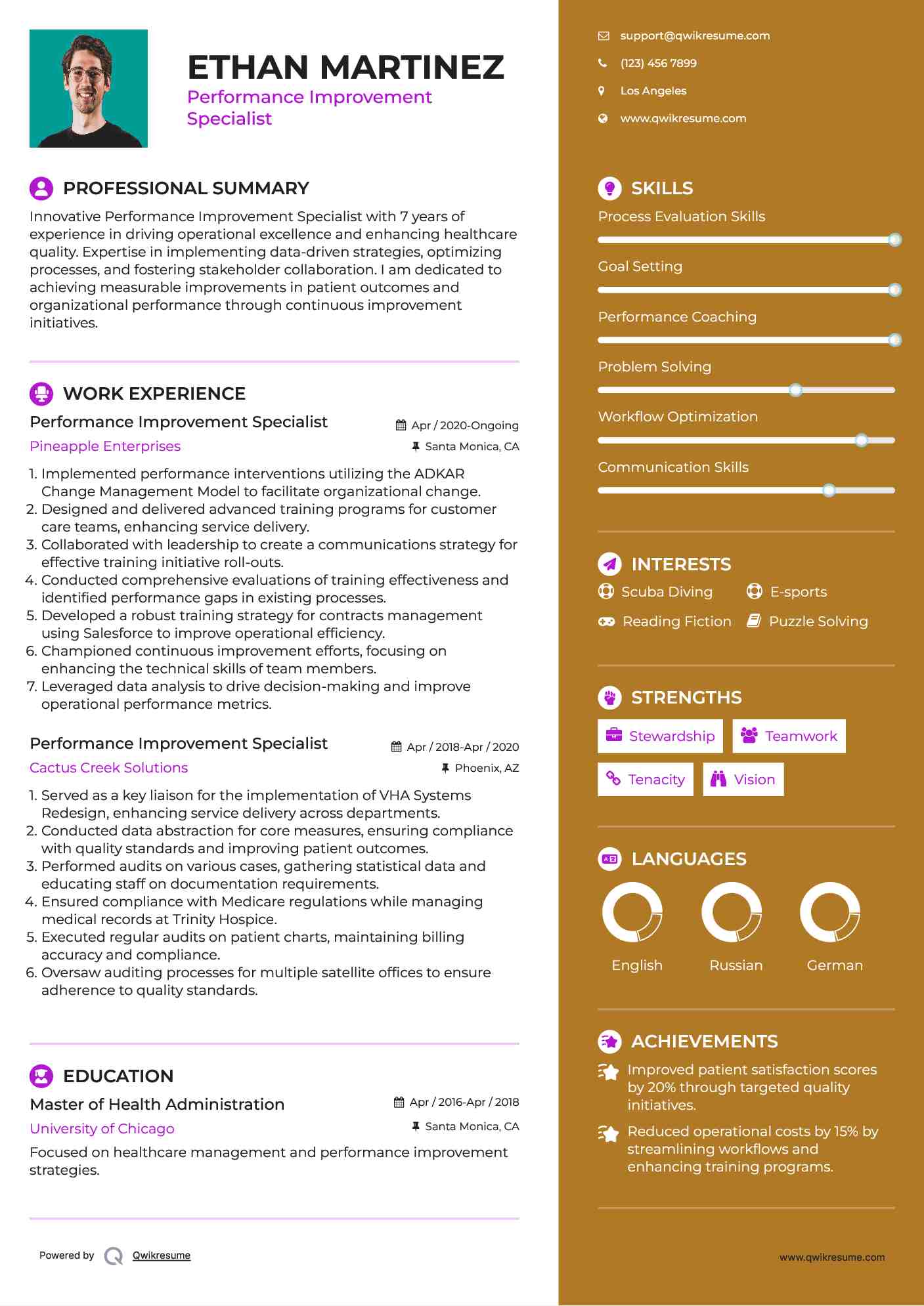 Performance Improvement Specialist Resume Sample