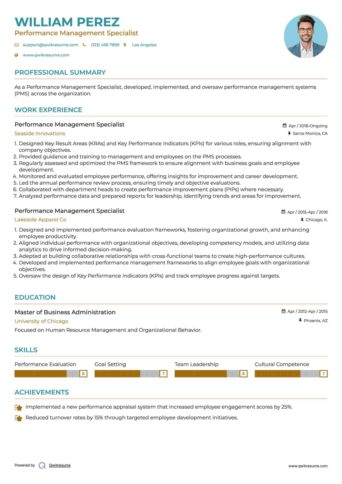 Performance Management Specialist Resume Template
