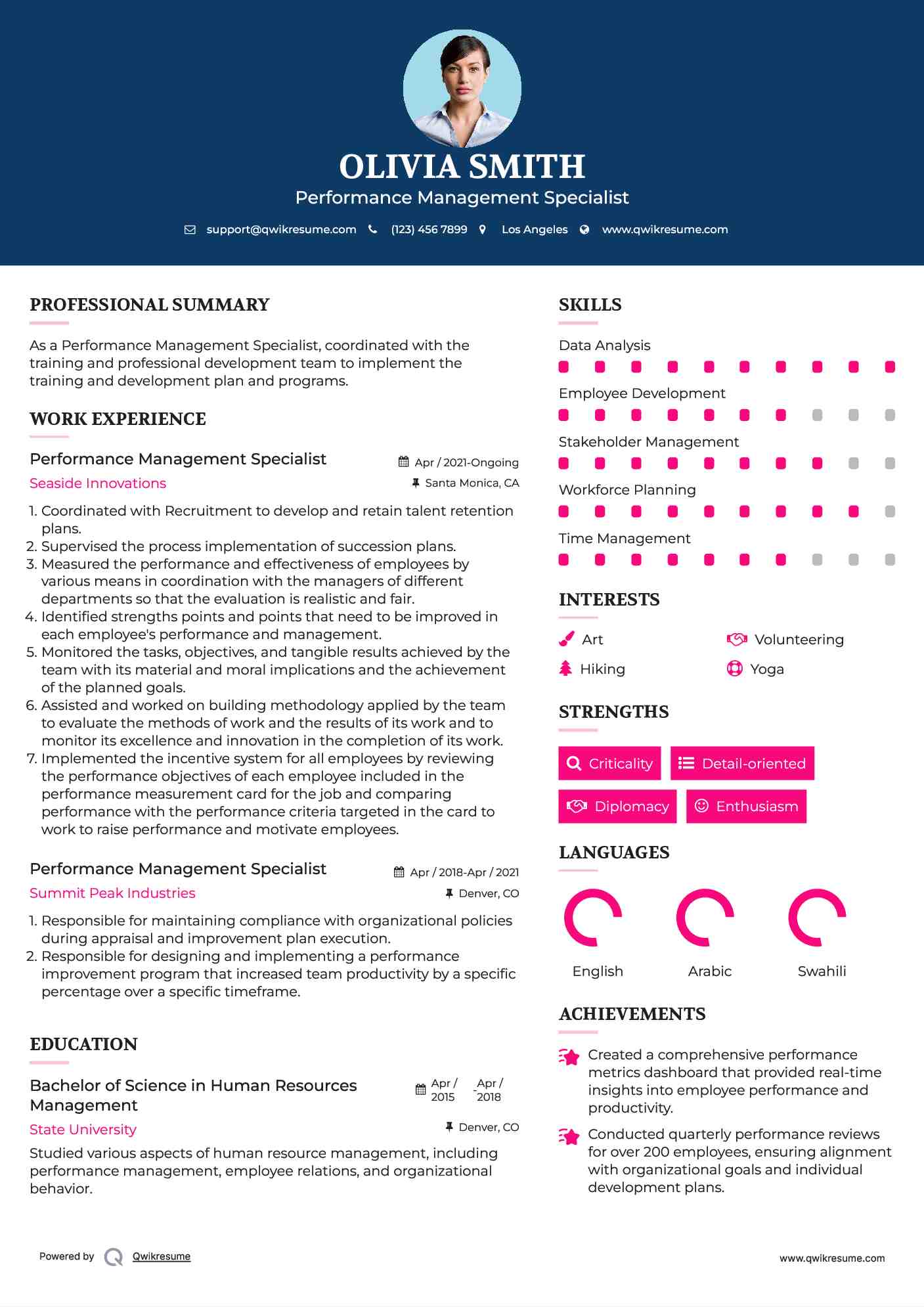 Performance Management Specialist Resume Sample