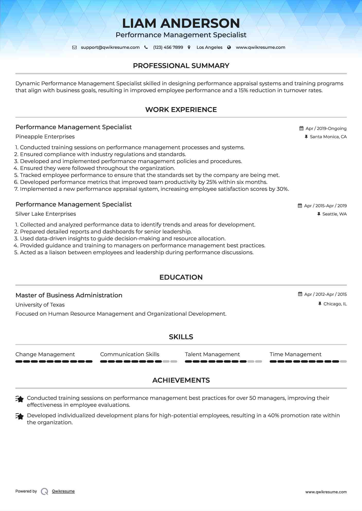Performance Management Specialist Resume Sample