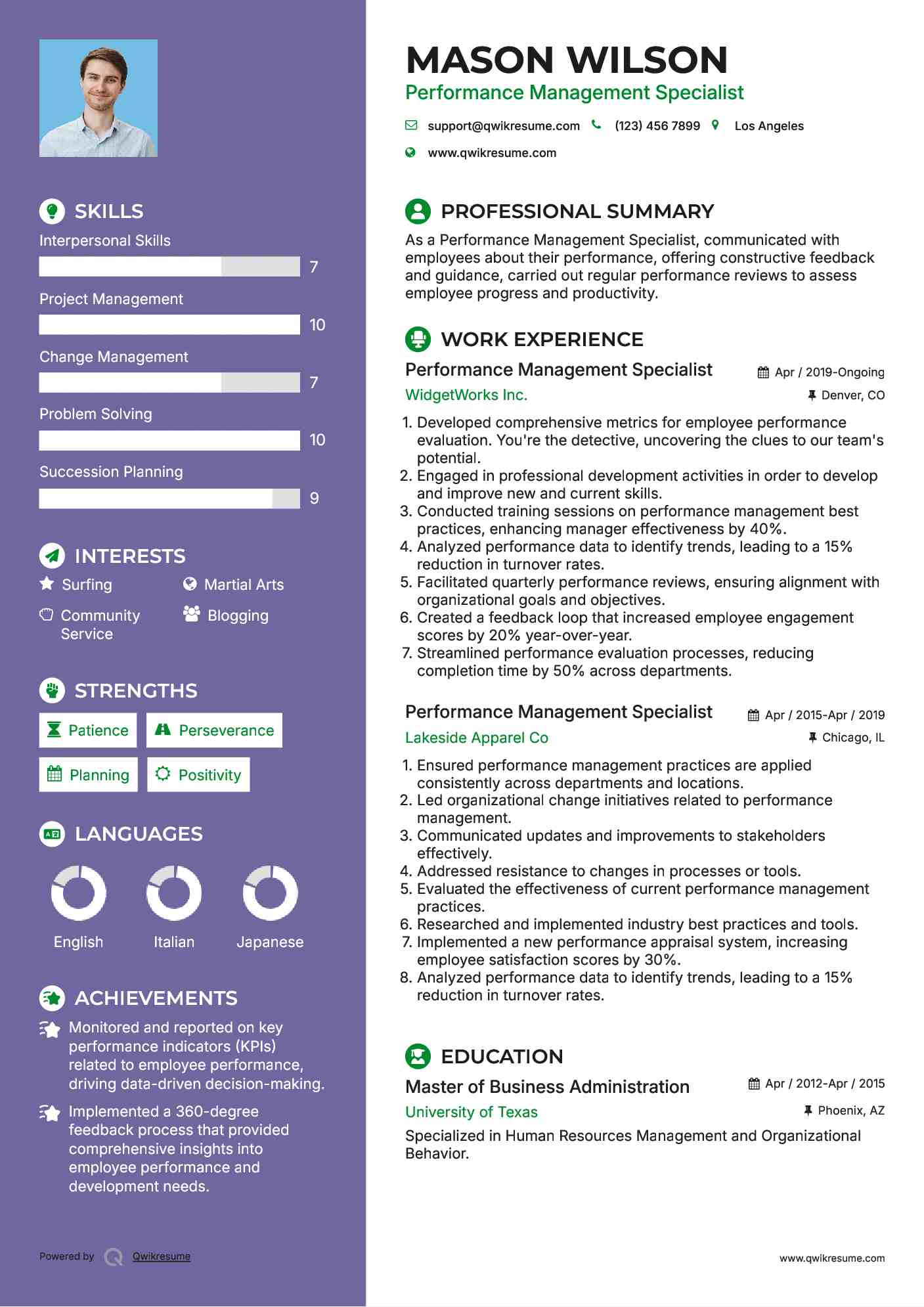 Performance Management Specialist Resume Sample