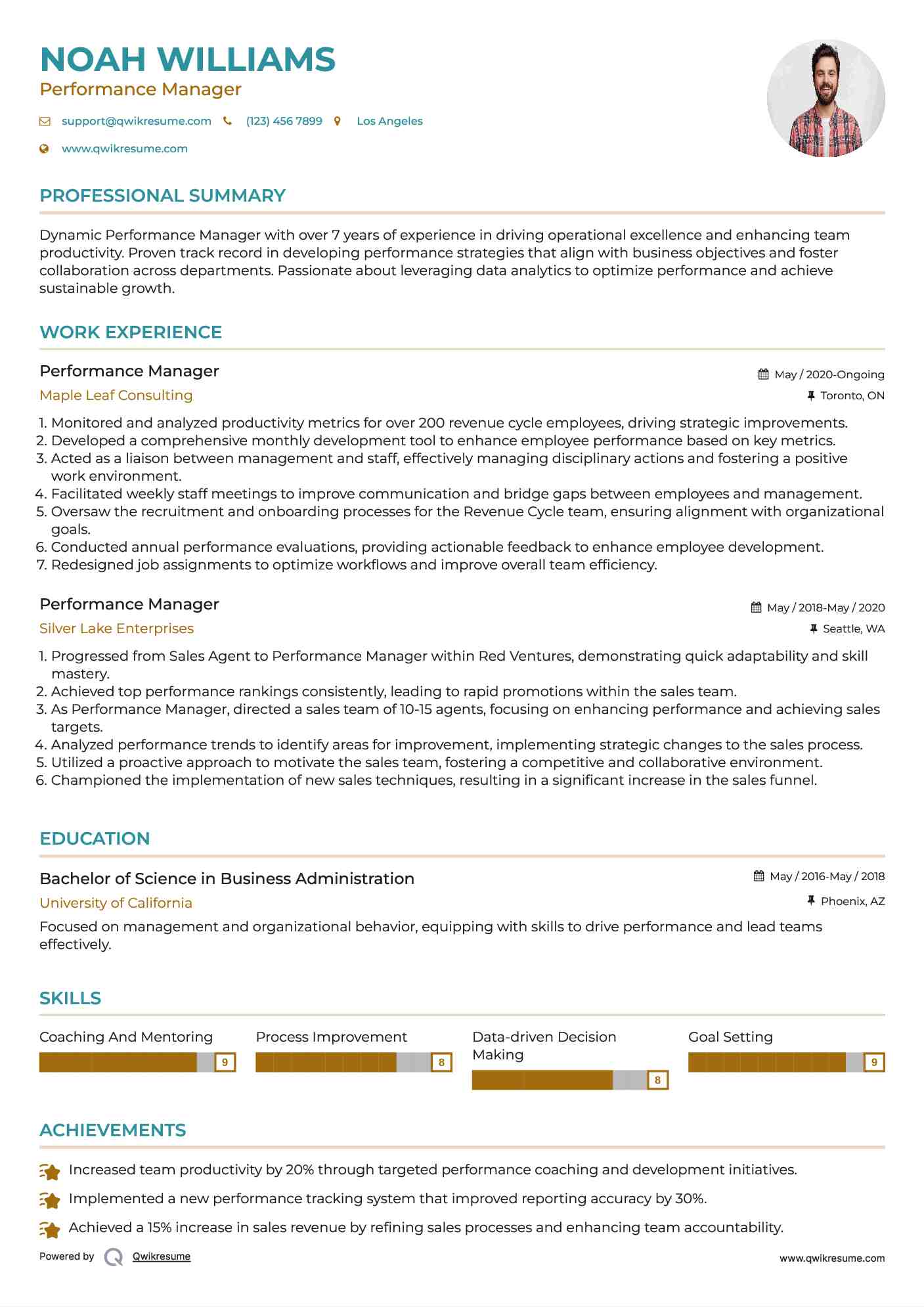 Performance Manager Resume Model
