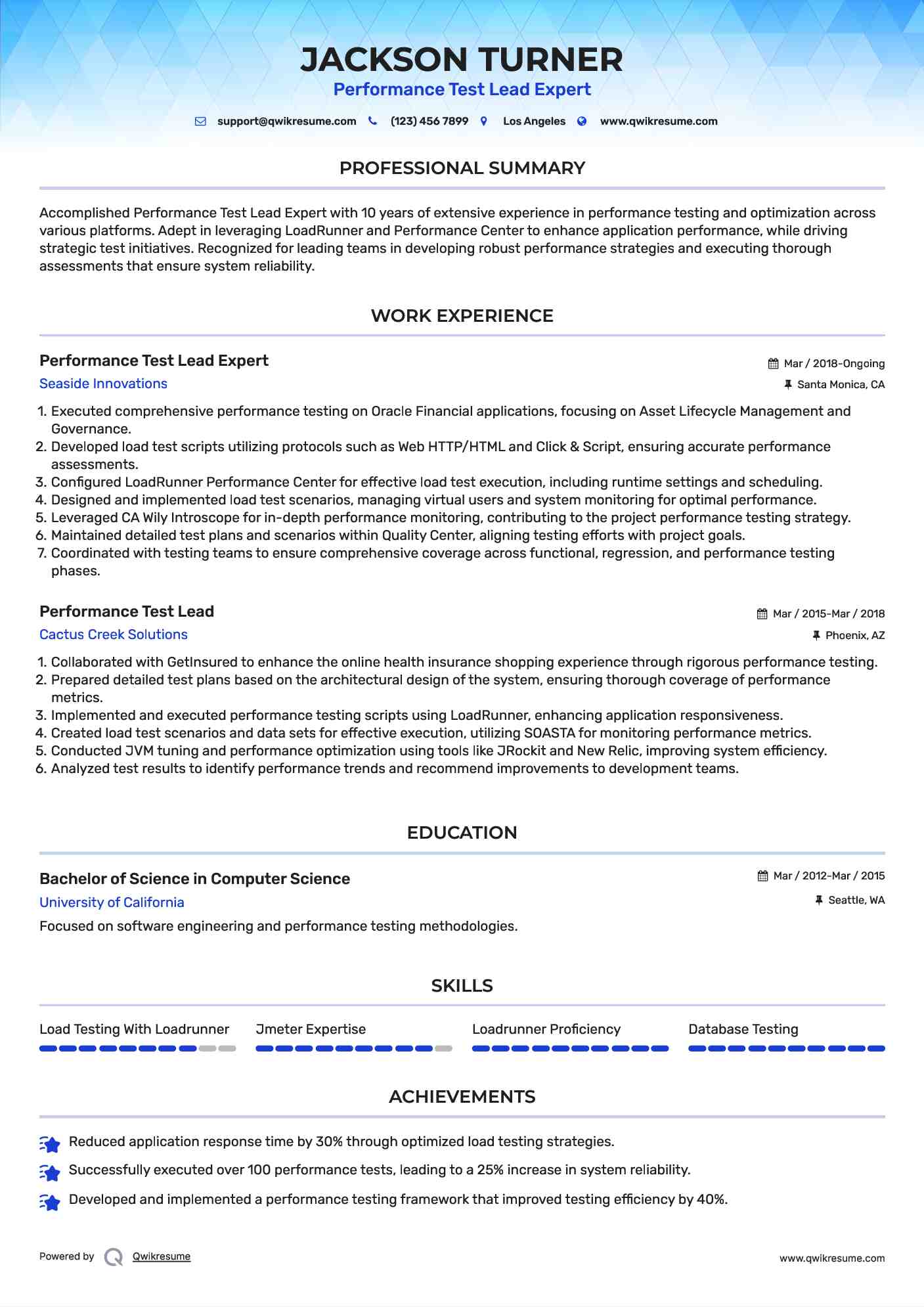 Performance Test Lead Resume Samples QwikResume