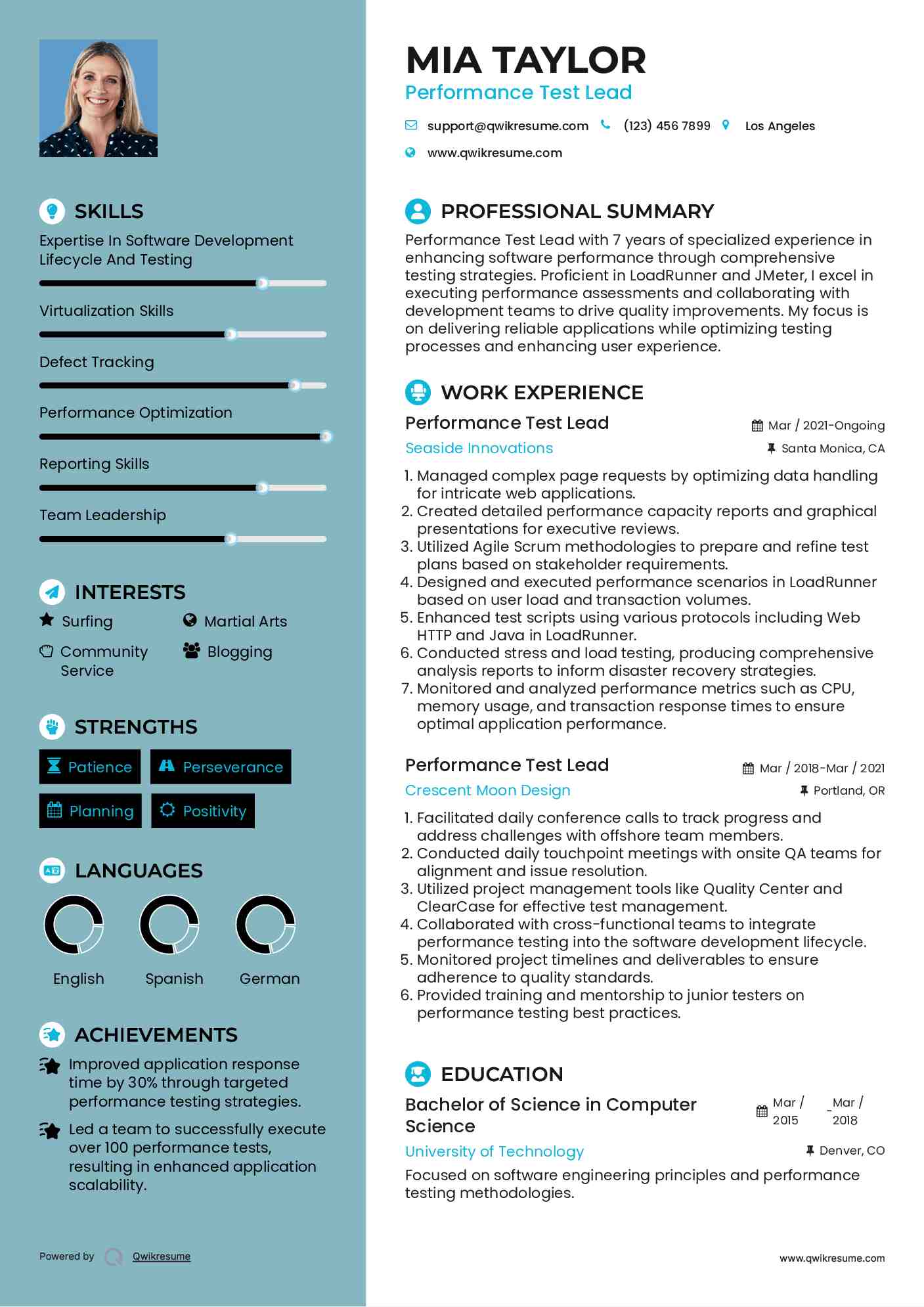 Performance Test Lead Resume Model